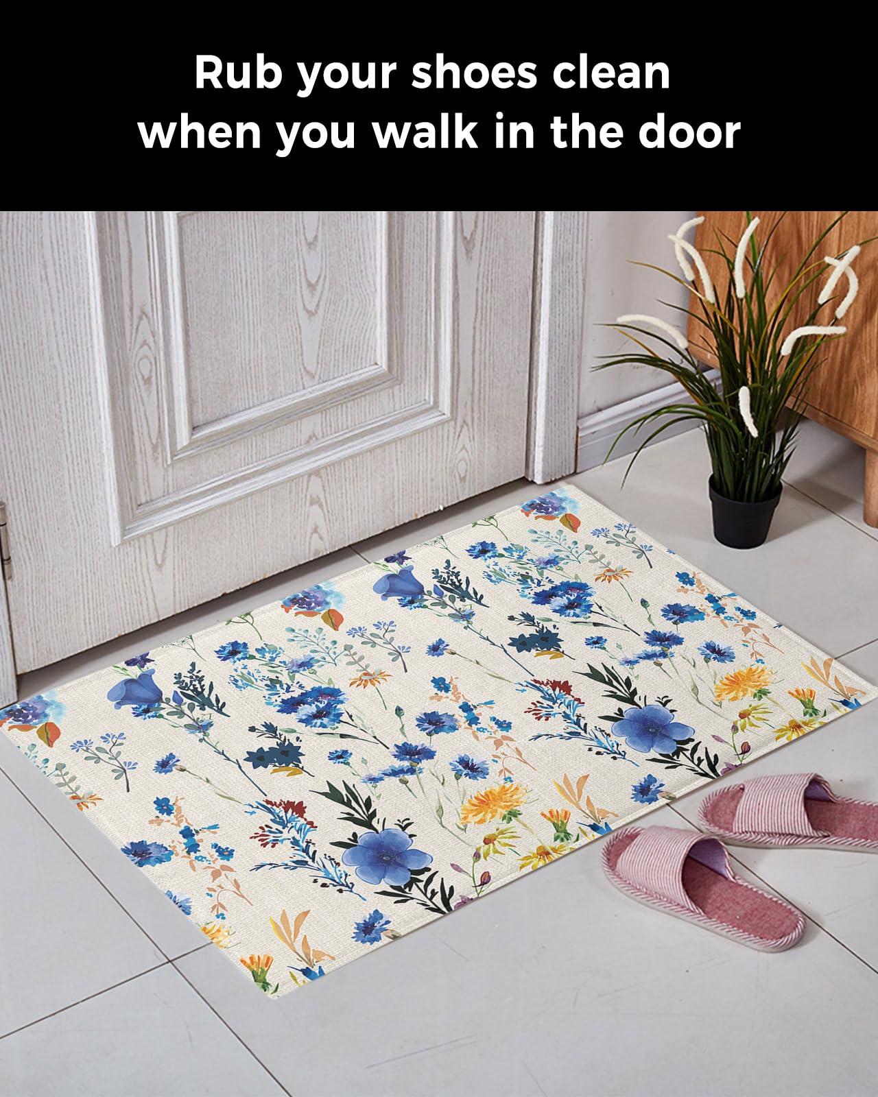 Edwiinsa Edwiinsa Botanical Flower Plush Rug Non Slip Bath Mat, Soft Shaggy Long Fur Fuzzy Bath Rugs 20\" x 31.5\" Blue Farmhouse Country Leaves Carpet Mat for Bathroom Shower Home