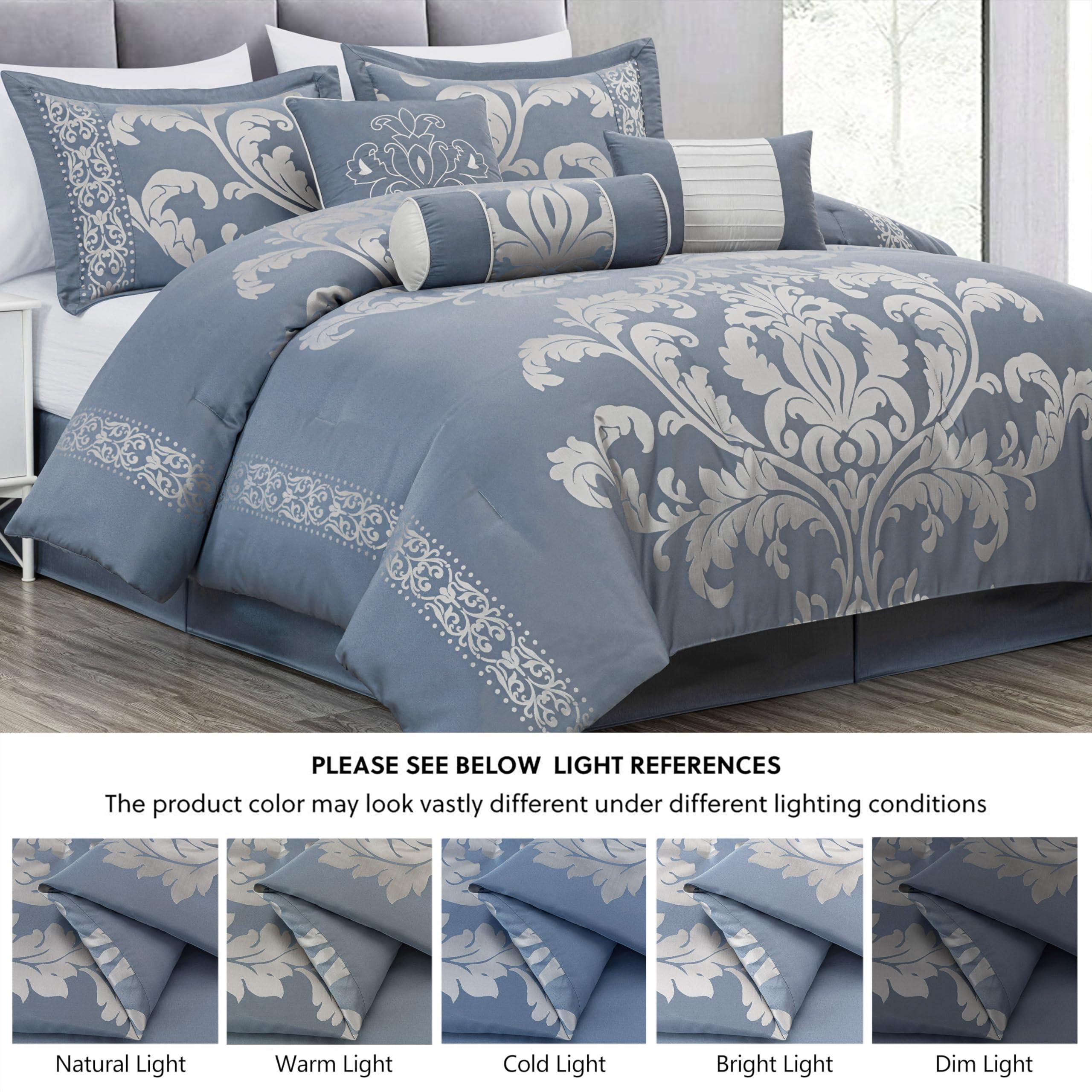 Chezmoi Collection Chezmoi Collection Royale 7-Piece Jacquard Floral Comforter Set, Oversized Queen, Grayish Blue/Gray
