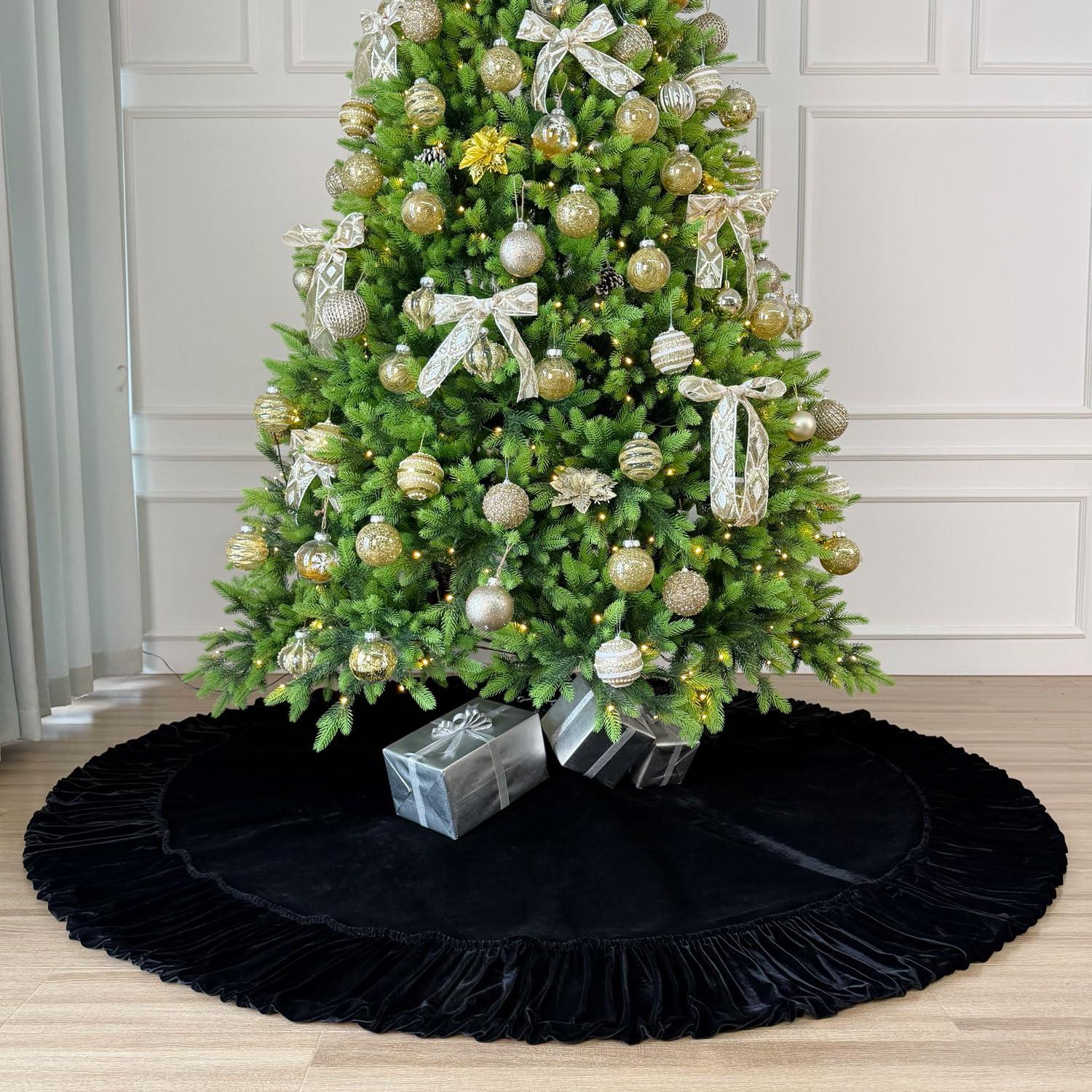 Starry Dynamo 84-Inch Ruffled Velvet Christmas Tree Skirt, Thick Foam-Lined Heavy Duty Fabric with Plush Lace Ties, Black