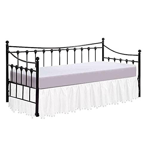 Silver Cotton Full Size Pom Pom Ruffle Daybed Skirt 100% Egyptian Cotton, 15 Inch Deep Pocket with Split Corners for Day Beds, Easy Fit, Three Side Coverage, Solid White