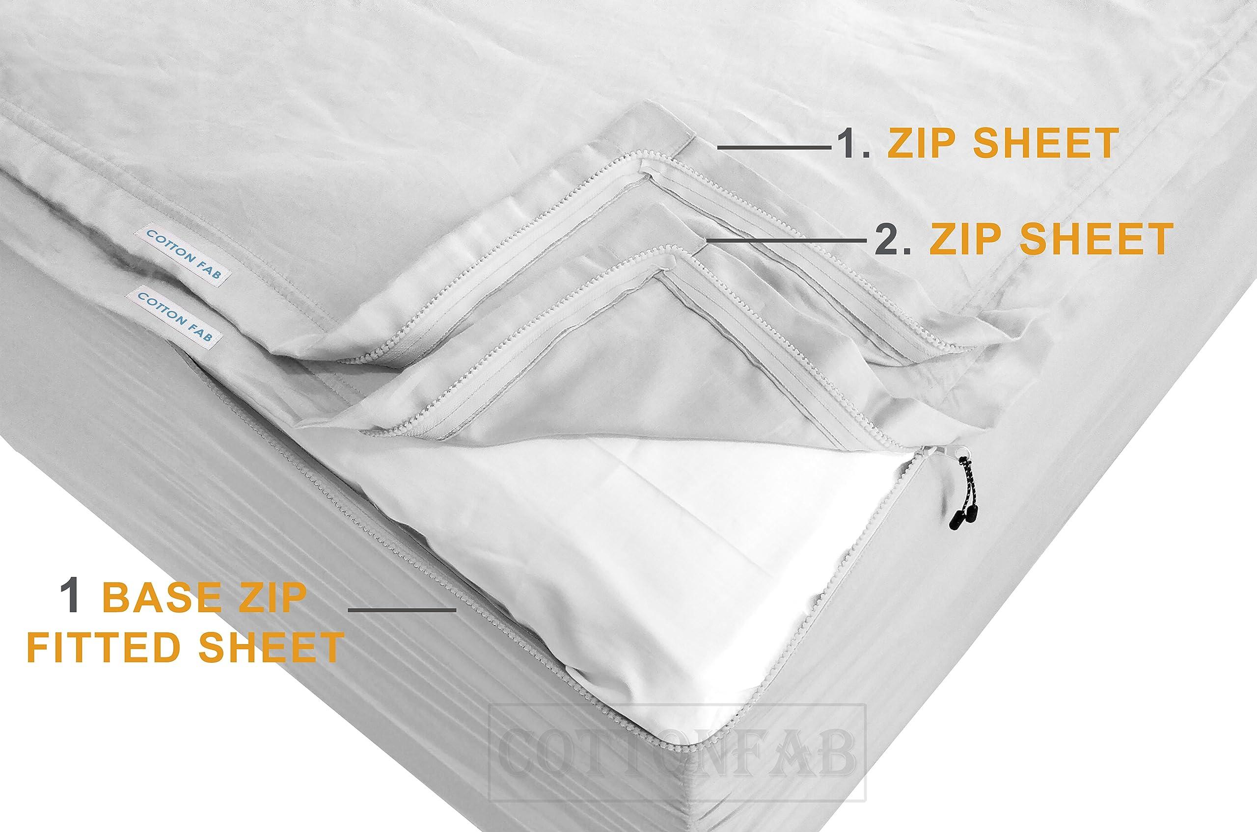 COTTONFAB CottonFab Zipper Fitted Sheets - Includes 1 Fitted Sheet Base & 2 Zip-On Sheets - Upto 16 in. Deep Pockets Full XL Size Zipper Sheets - Easy Use, Soft Sateen 600 TC Cotton Fitted Sheets - Lilec