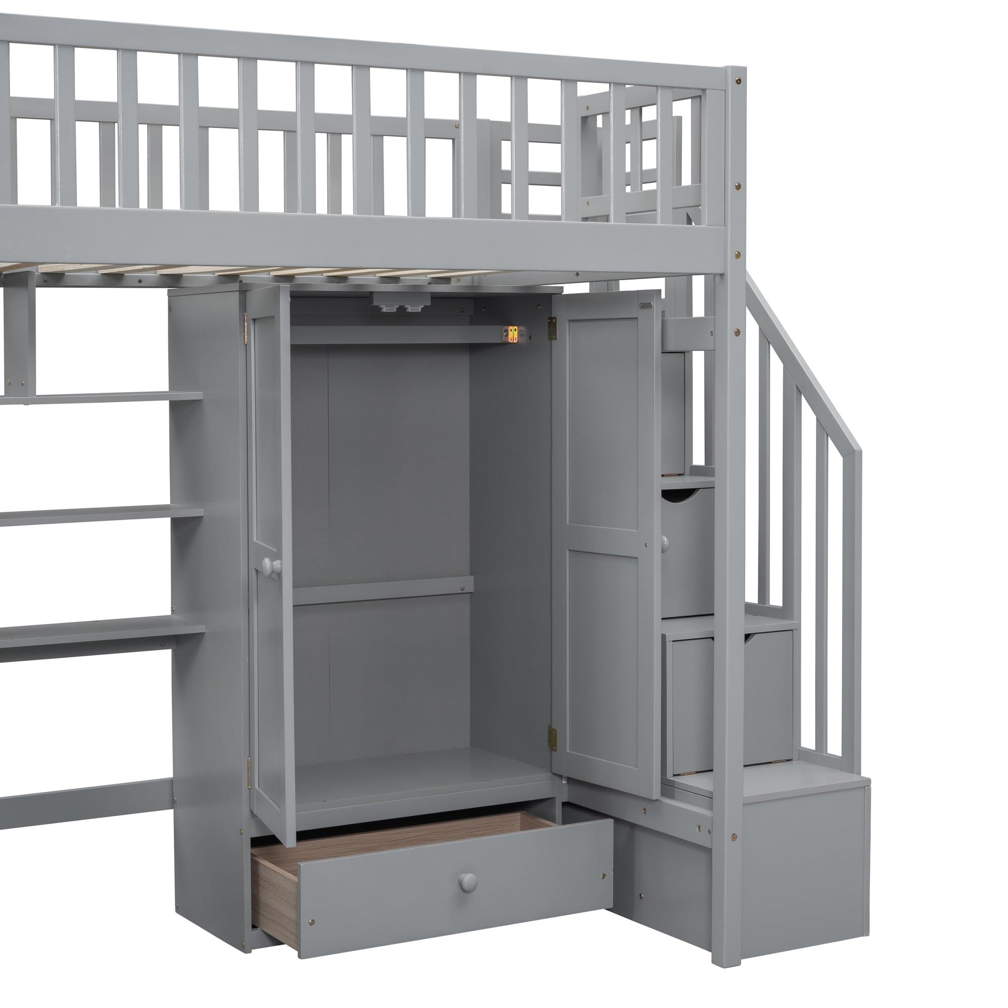 NicBex NicBex Loft Bed with Desk Loft Bed with Desk and Storage Queen Bed Frame with Storage Bunk Bed with Desk Underneath The Lower Level is a Wardrobe Suitable for Families with Many Children, Gray