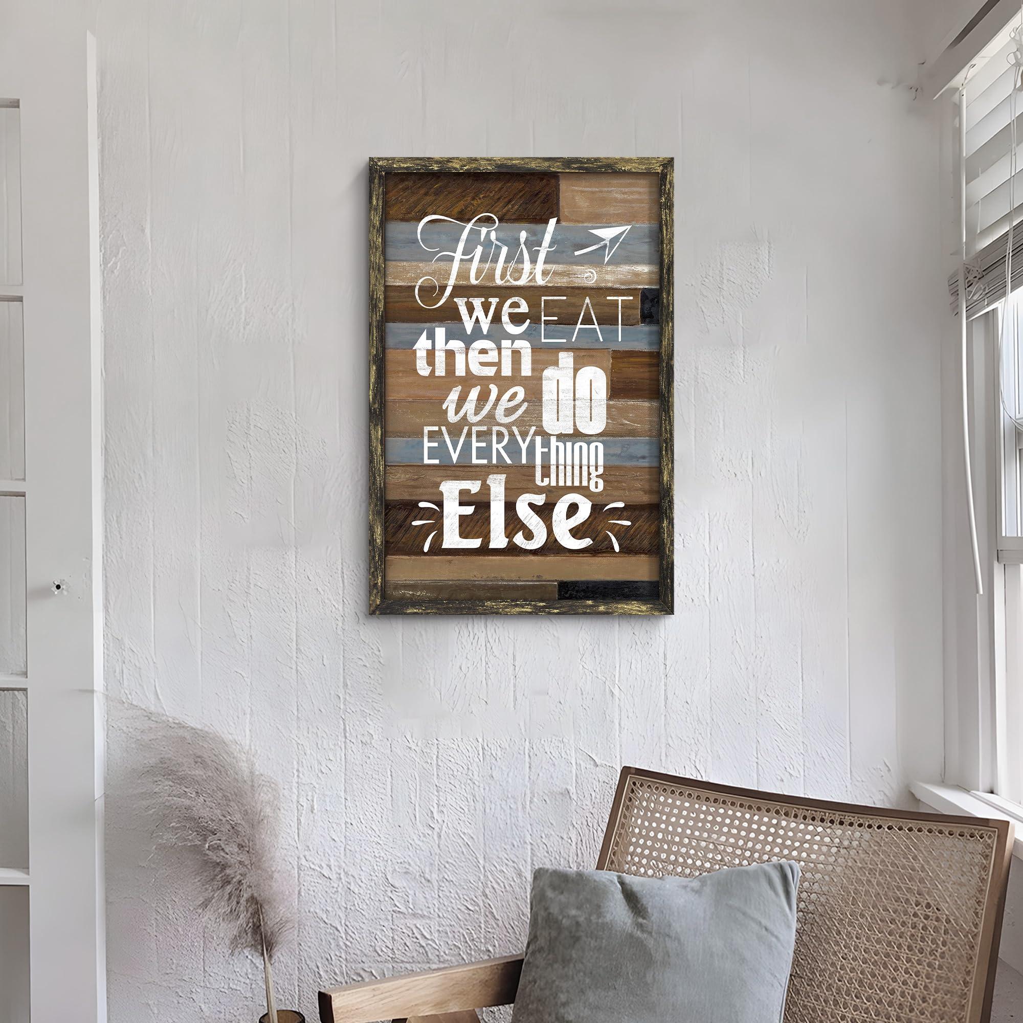 Color Play Inspirational Kitchen Framed Wall Art: Rustic Bless Quotes Wooden Painting Picture First We Eat Then We Do Every Thing Else Print Farmhouse Saying Word Artwork Decor for Kitchen Dinning Room