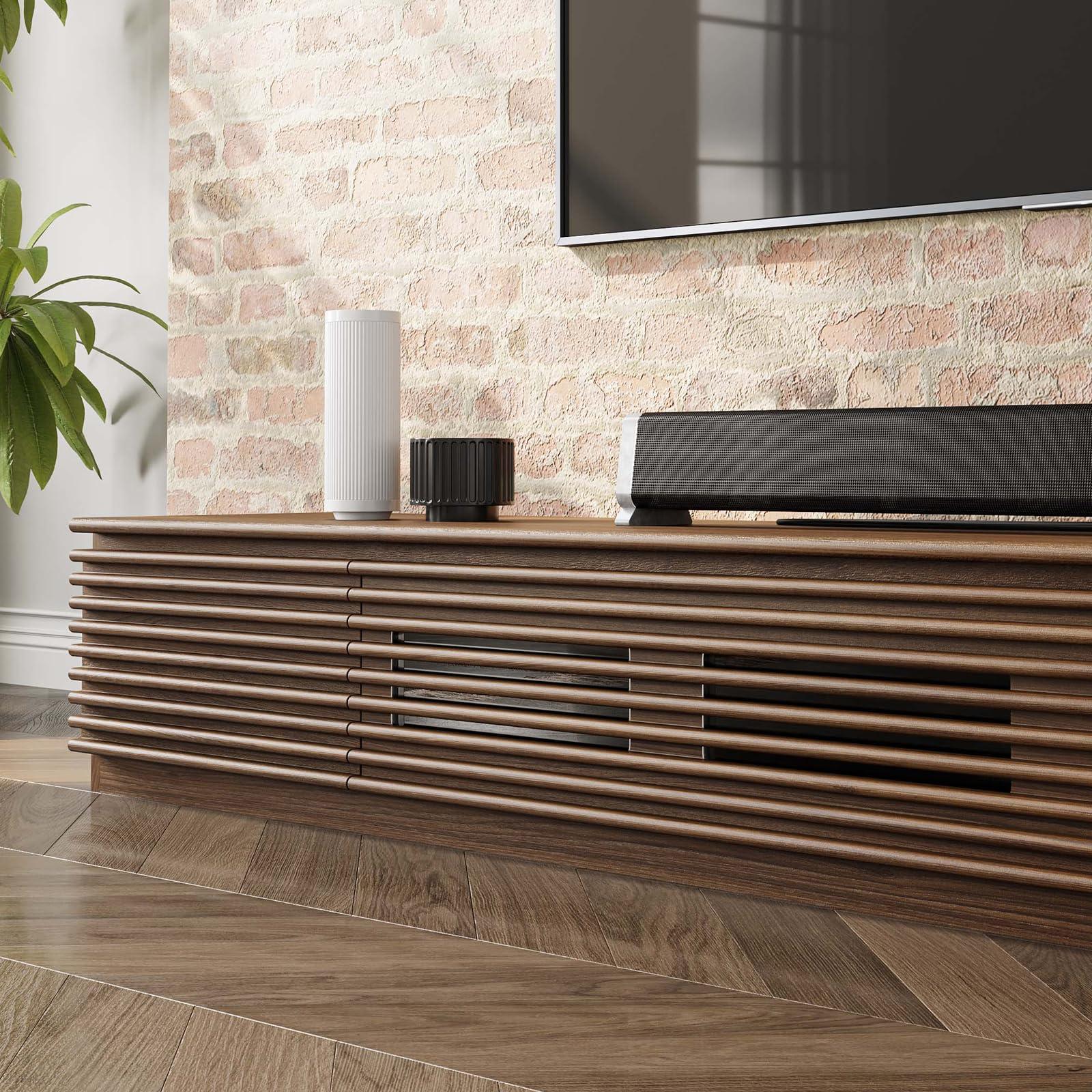 POVISON POVISON Wood Media Console, 70\'\' Mid-century Modern TV Stand with Storage, Assembly-Free Slatted TV Cabinet with Customized Compartments & Solid Pinewood Drawer