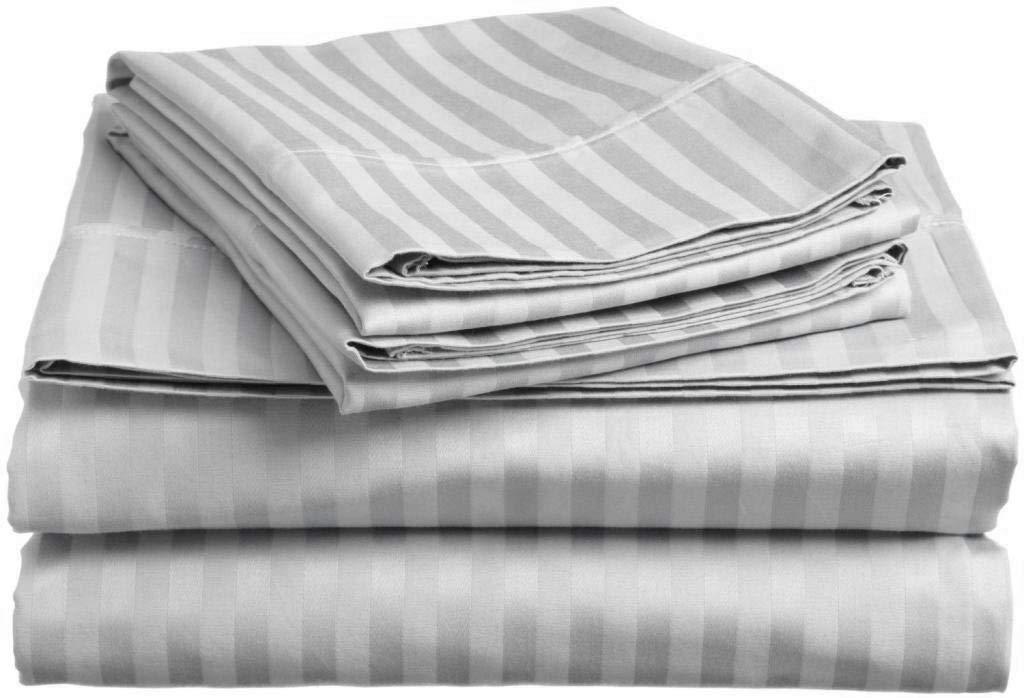 Himeya Bedding Heavy 1500 Thread Count 100% Cotton 6-PCs Sheet Set (1 Fitted, 1 Flat, 4 Pillowcase) Fits Mattress 21-24\'\' Deep Pocket (Queen Size) Bedding Sheets for Bed (Stripe, Silver Grey)