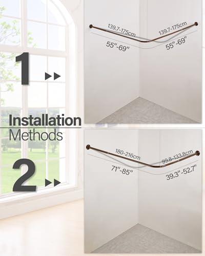 crkmire Crkmire Corner Shower Curtain Rod, Coffee [39"-69"] x [55"-85"] Adjustable L Shaped Shower Rod No-Sagging 90 Degree Curved Curtain Rod for Bathroom Bathtub with 12 Ring Hooks & Ceiling Support