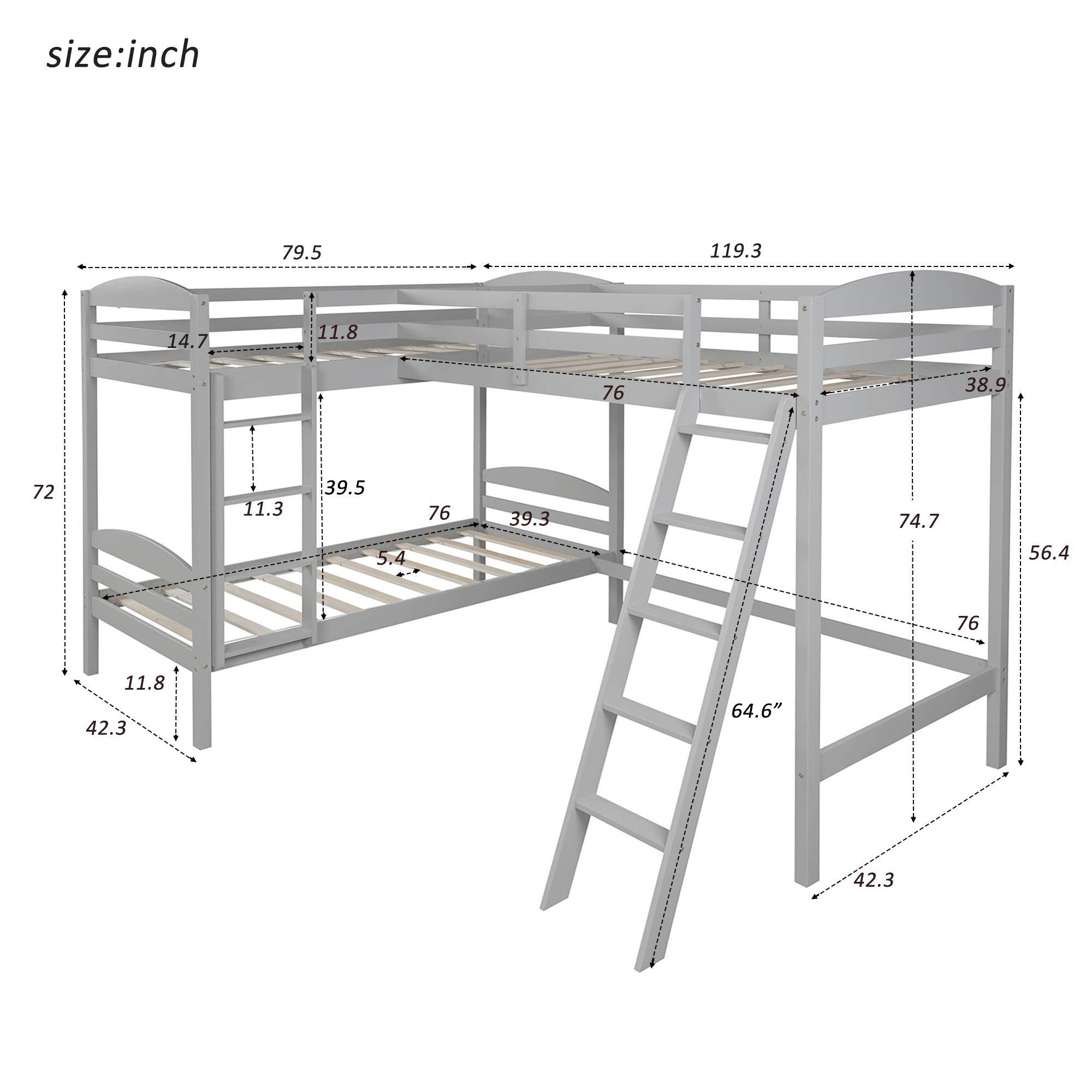 RUNNA Triple Bunk Bed Twin Size Wood L-Shaped Corner Bunk Bed Frame 3 Bed Bunk Loft Bed with Full Length Guardrails and Flat Ladder, 3 Bed Bunk, No Box Spring Needed (Gray+Wood)