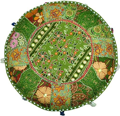 Sophia-Art Indian Embroidered Patchwork Ottoman Cover,Traditional Indian Decorative Pouf Ottoman,Indian Comfortable Floor Cotton Cushion Ottoman Pouf,Indian Designs Ethnic Patchwork Pouf 18X13 inch (Green)