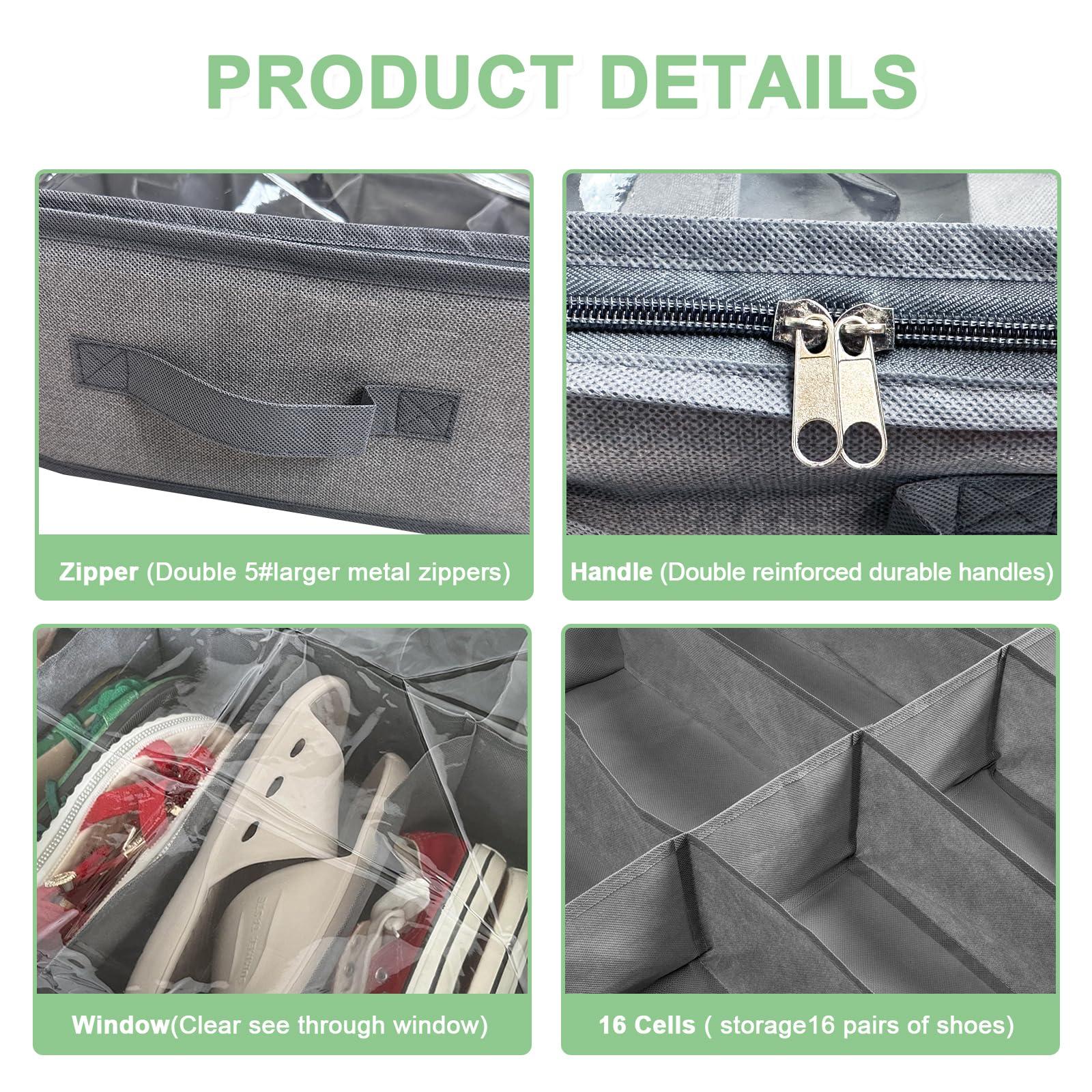 homyfort 32 Pairs Shoe Organizer Under Bed, Underbed Shoe Storage Boxes Bins, Organizador De Zapatos, Extra Large Zapateras Organizer, Grey, Set of 2