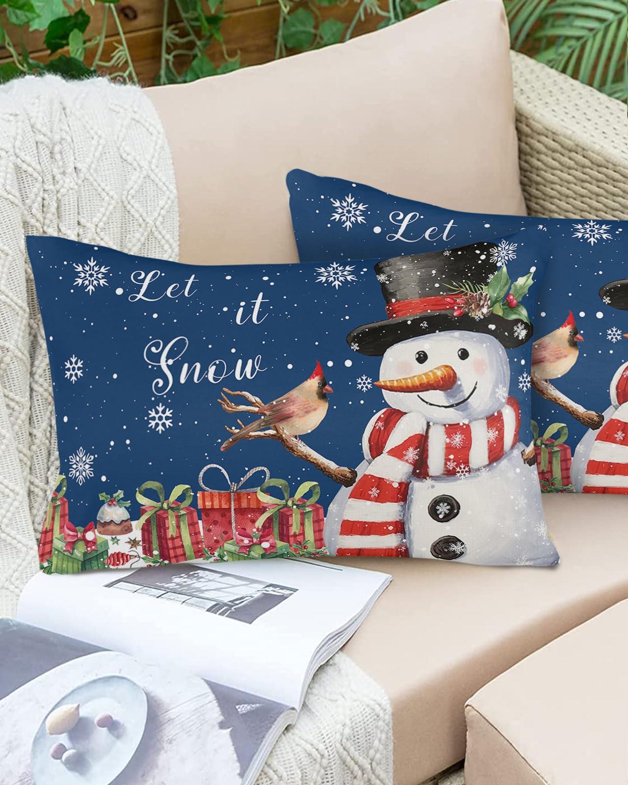 SEVENBABU Christmas Throw Pillow Cover 12x20 Inch Farmhouse Decorative Pillow Covers for Bed Winter Throw Pillowcase Cushion Case for Couch Living Room Christmas Winter Snowman Dark Blue Pillow Covers