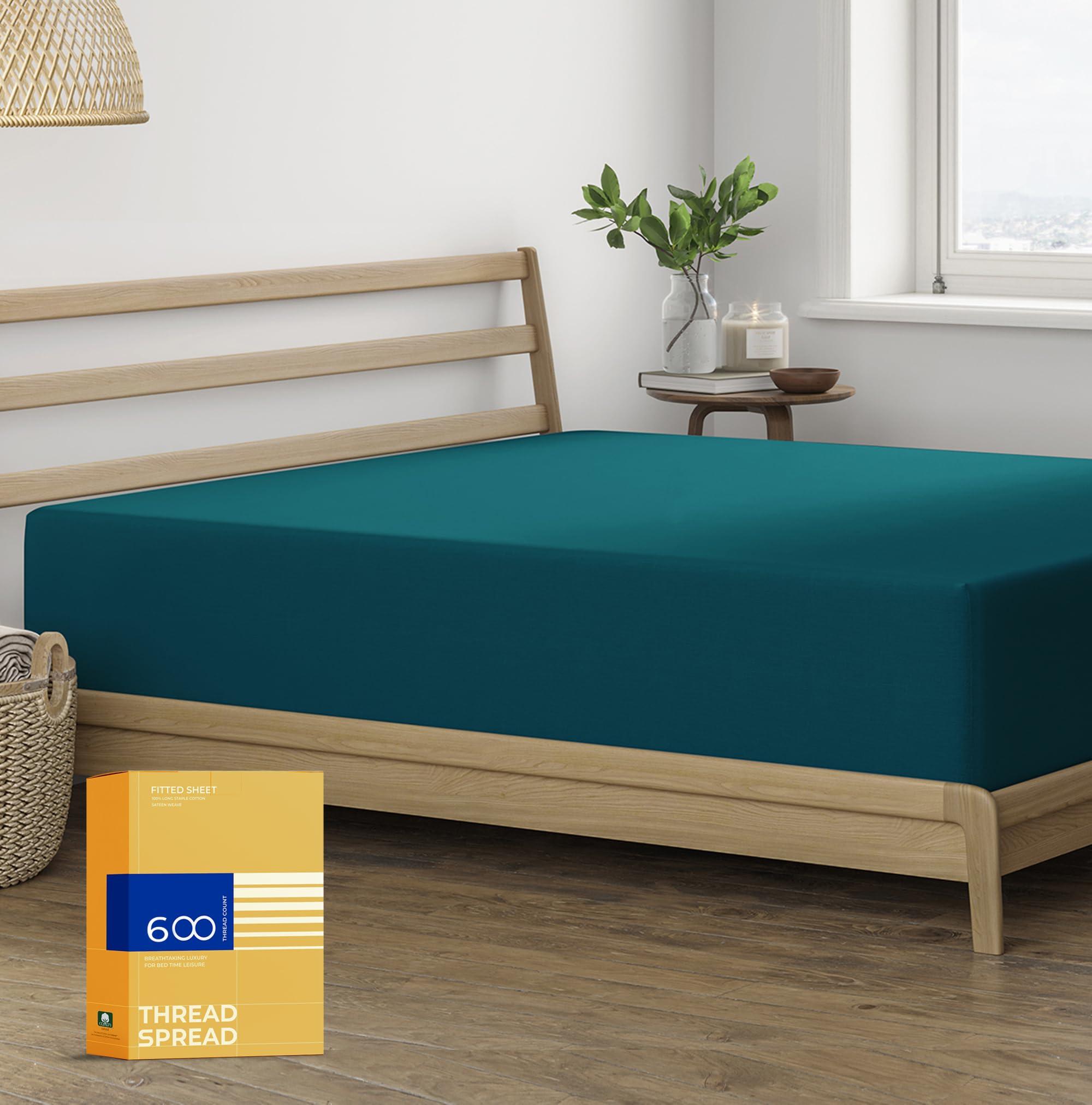 THREAD SPREAD THREAD SPREAD 100% Egyptian Cotton Fitted Sheet Twin Size - 600 Thread Count 16\" Deep Pocket Twin Fitted Sheet Only, Soft Cooling Sateen Elastic Bottom Sheet, Fits College Dorm Mattress, Teens - Teal