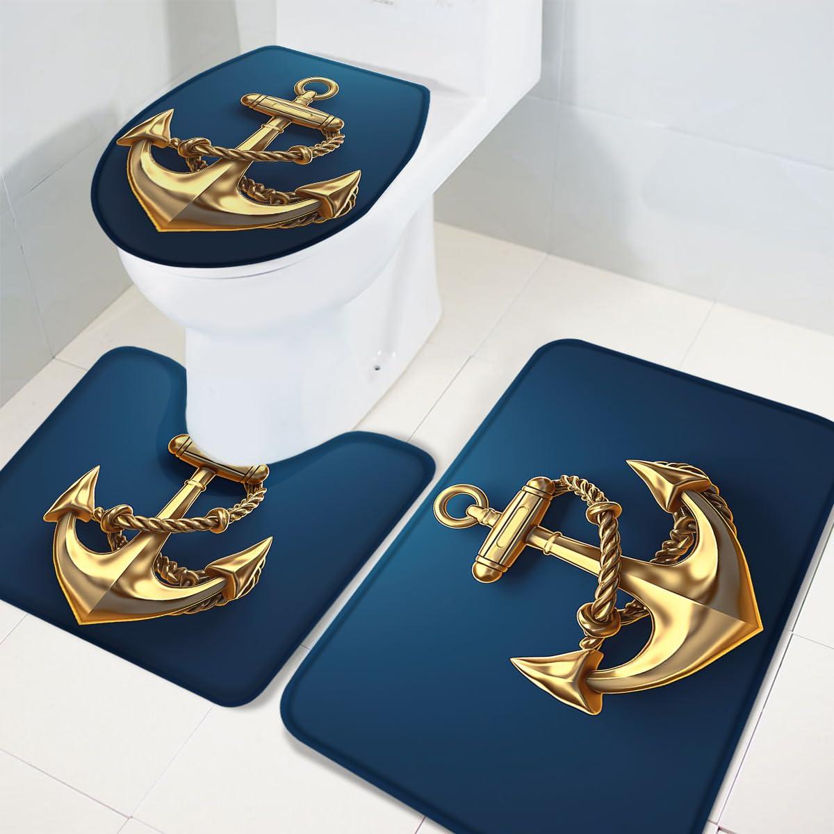 LEOSUCRE LEOSUCRE Bath Mat 3 Piece Bathroom Rug Sets, Metal Anchor Non Slip Bath Rug Contour Mat and Toilet Lid Cover, Absorbent Shower Mat Soft Bath Rug and Mat Set Blue Painting Backdrop Small