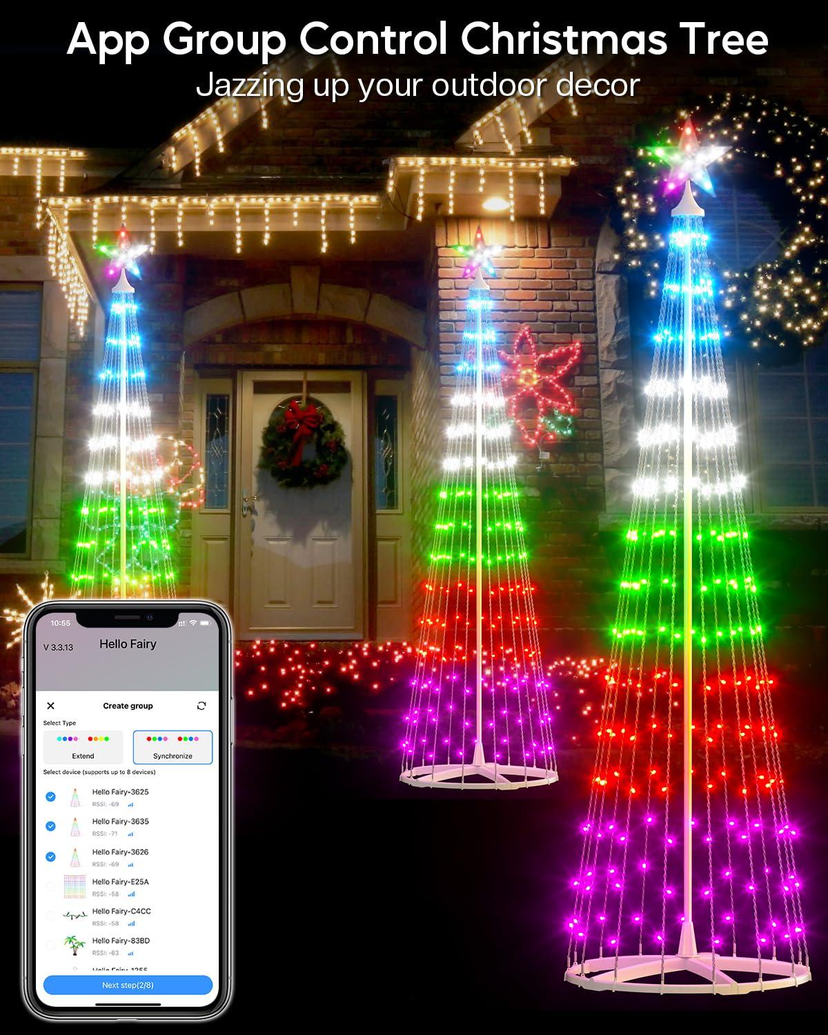 Avatar Controls 8FT Smart Outdoor Christmas Cone Tree, DIY Prelit Color Changing LED Christmas Tree Chasing Light Show App Remote Control, Music Timer Waterproof Large String Lights for Yard Decor