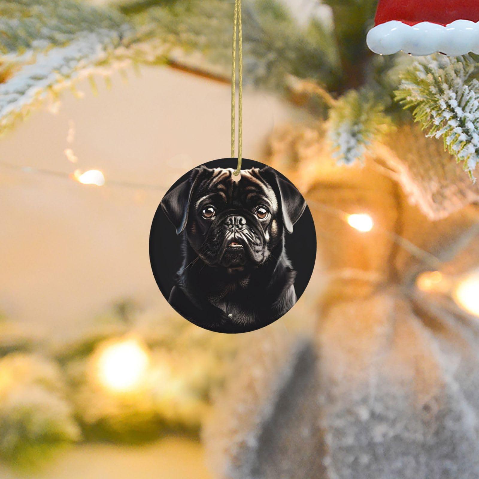 IRSHI Personalized Christmas Ornaments - Ceramic Christmas Hanging Ornaments - Aesthetic Christmas Tree Pendants Cute Black Pug Dog