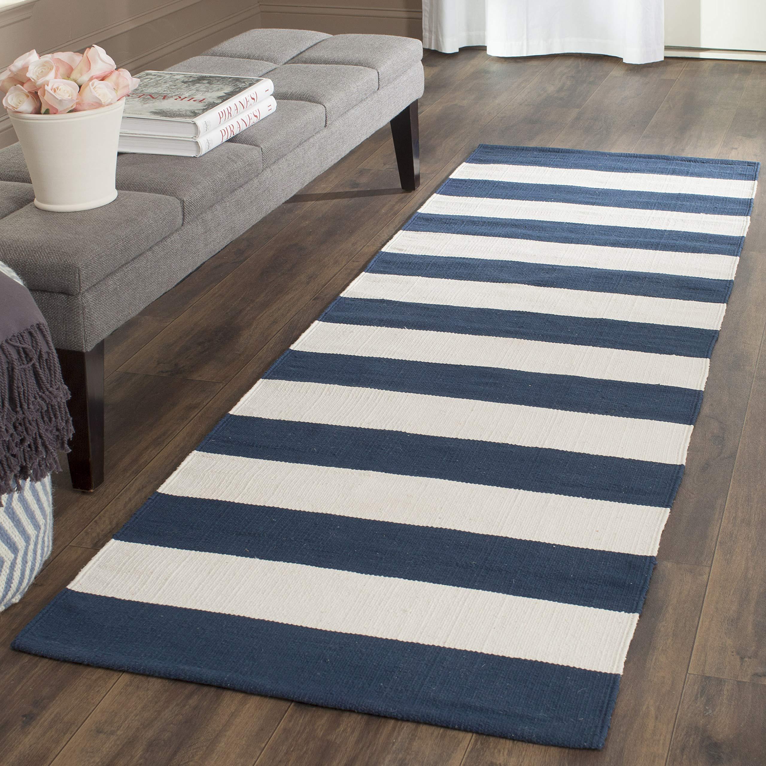 Safavieh SAFAVIEH Montauk Collection Runner Rug - 2\'3\" x 19\', Navy & Ivory, Handmade Flat Weave Boho Farmhouse Cotton Stripe, Ideal for High Traffic Areas in Living Room, Bedroom (MTK712H)