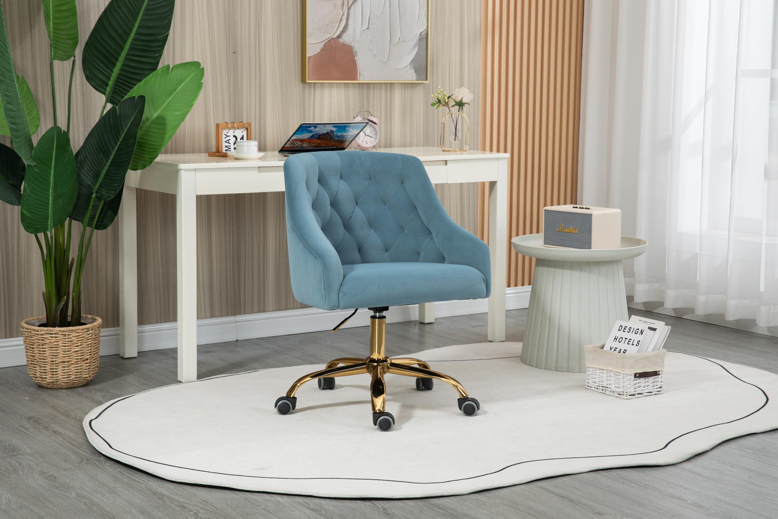 ZOBIDO ZOBIDO Comfy Home Office Task Chair with Wheels, Cute Modern Upholstered Velvet Seashell Back Adjustable Swivel Vanity Desk Chair, for Women, for Girls, Living Room(Haze Blue)