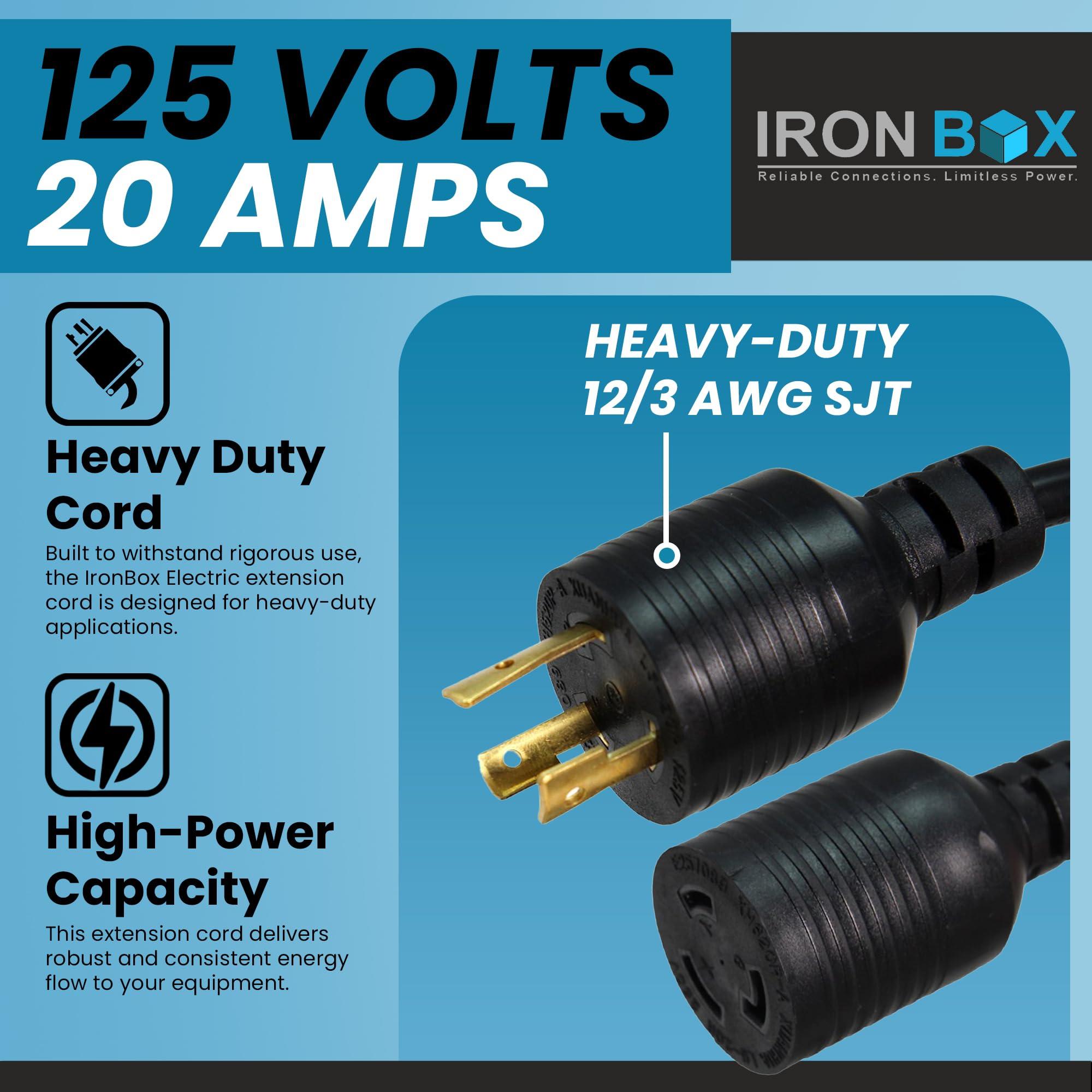 Iron Box IronBox Electric NEMA L5-20P to L5-20R Power Cord - 20A, 125V, 12/3 AWG SJT - UL Listed Power Cable Adapter - Heavy Duty Extension Cord for Outdoor, RV, Generator, Data Center & More (25 ft, Molded)