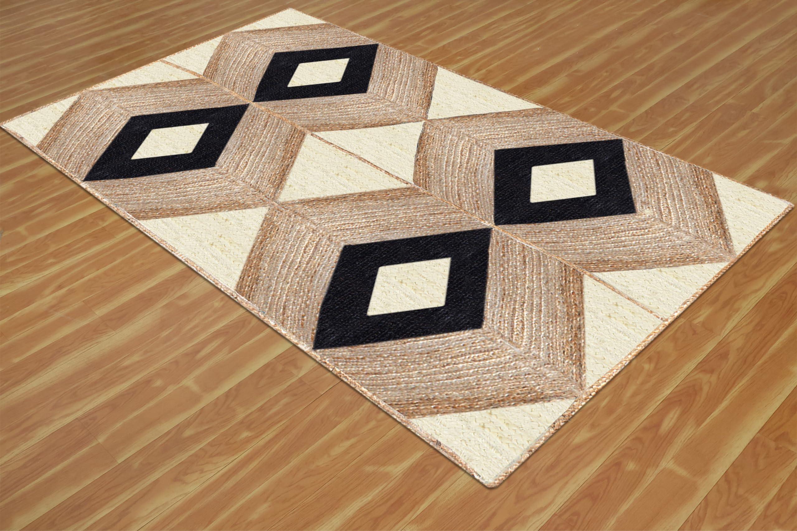 CASAVANI Geometric Woven Area Rug, Natural Jute Kilim Rug, 9x9 Ft Square Beige & Black Braided Flatweave Dhurrie Carpet for Living Room, Entryway, Kitchen, Farmhouse
