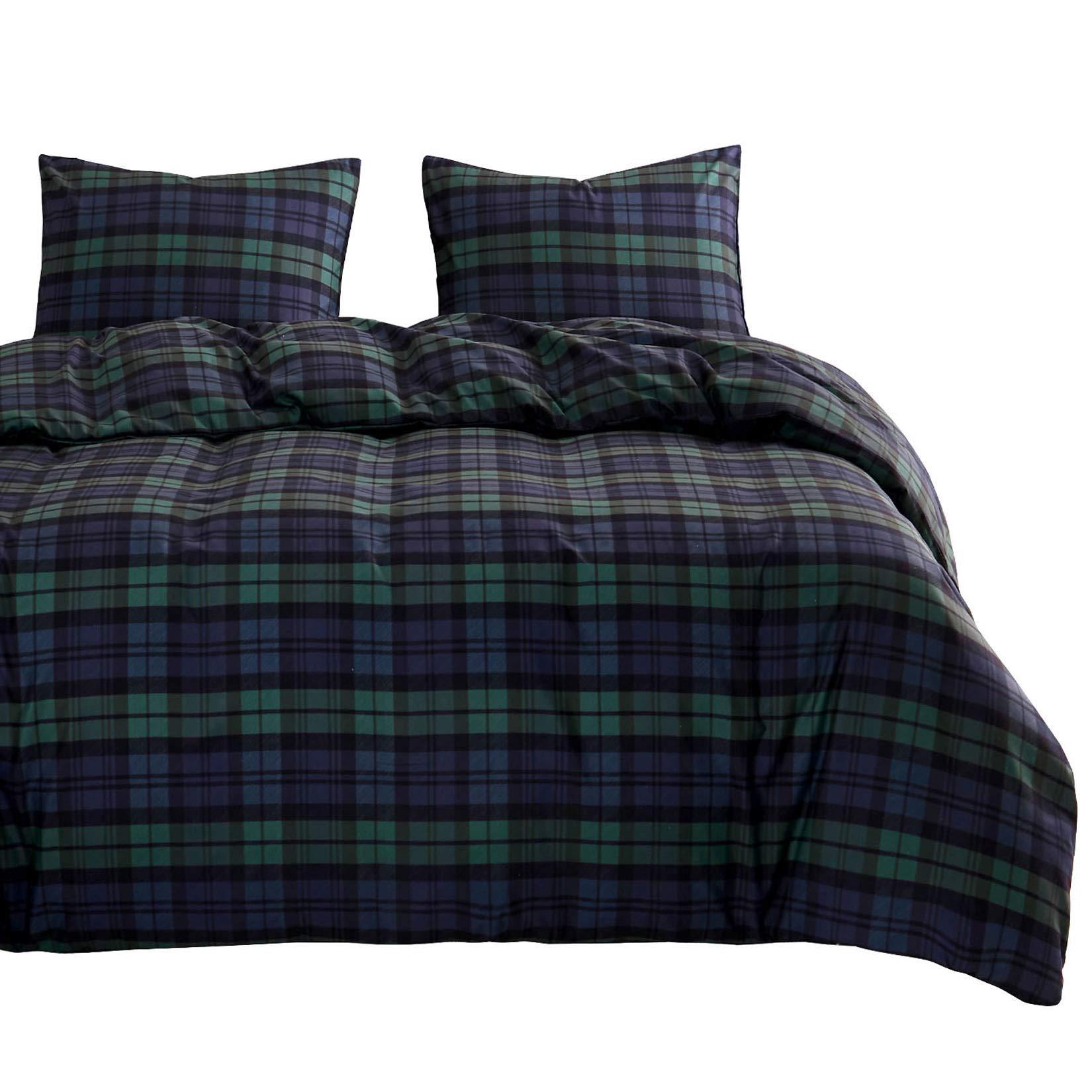 Wake In Cloud Wake In Cloud - Plaid Comforter Set, Scottish Tartan Check Geometric Modern Pattern Printed, Soft Lightweight Bedding, 3 Pieces, Navy Green, Full Size