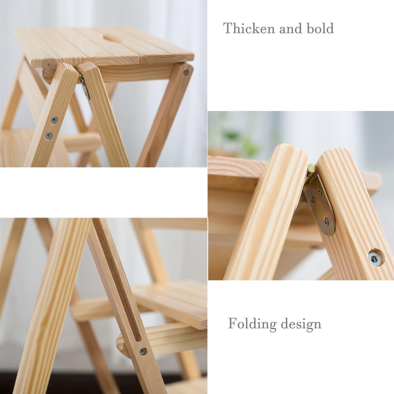 KUYT KUYT 2 Step Ladder Stools Chair, Wooden Ladder Chair Rack Portable Step Folding Stool Perfect for Home, Office, Warehouse Moveable Bookshelf Plant Stand Multifunction/B