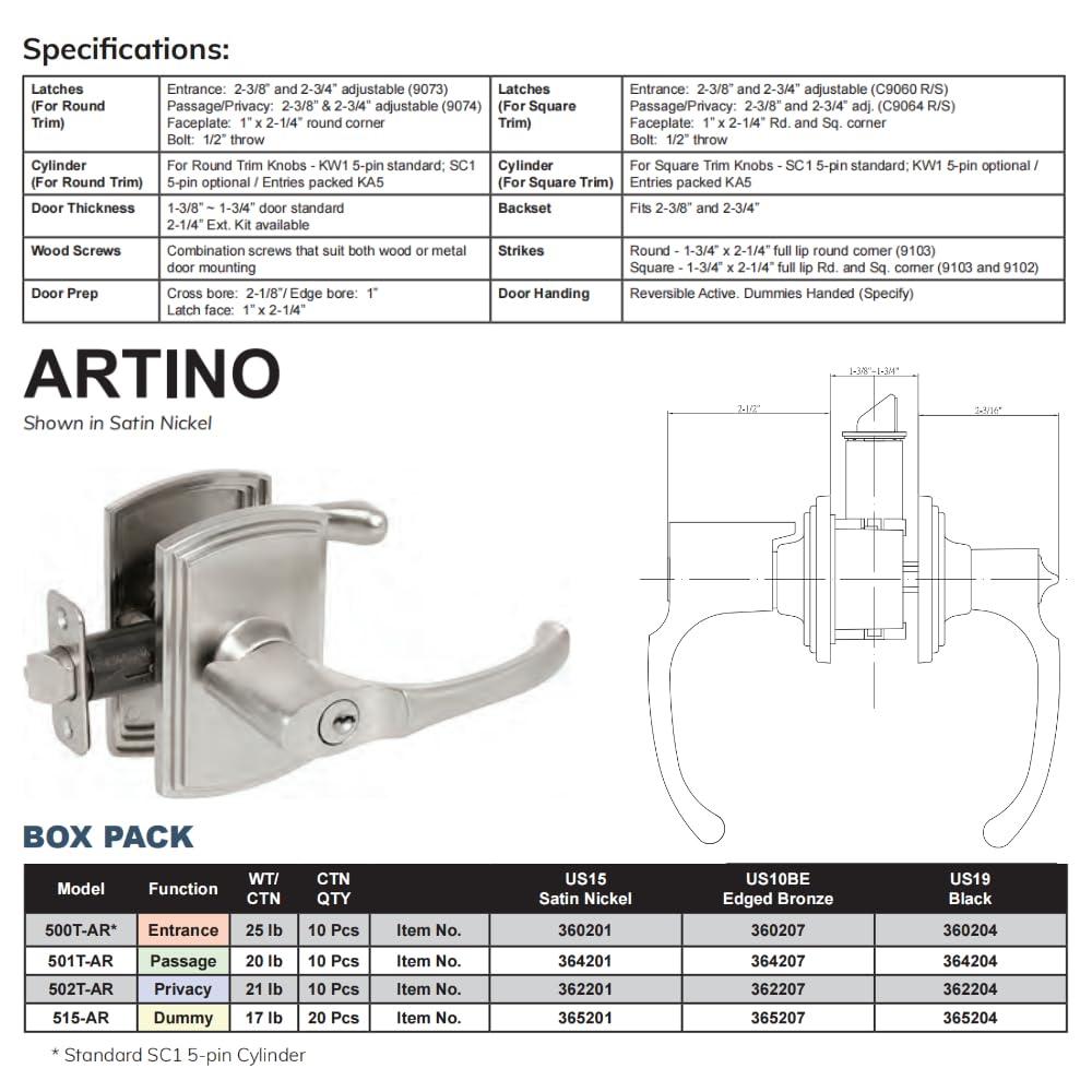 Delaney Hardware Delaney Hardware Artino Entry Door Lock, Fits Door 1-3/8 to 1-3/4 in. Thick, Black Finish Reversible Left/Right-Handed Front Door & Garage Door Lever Easy to Install Door Lock