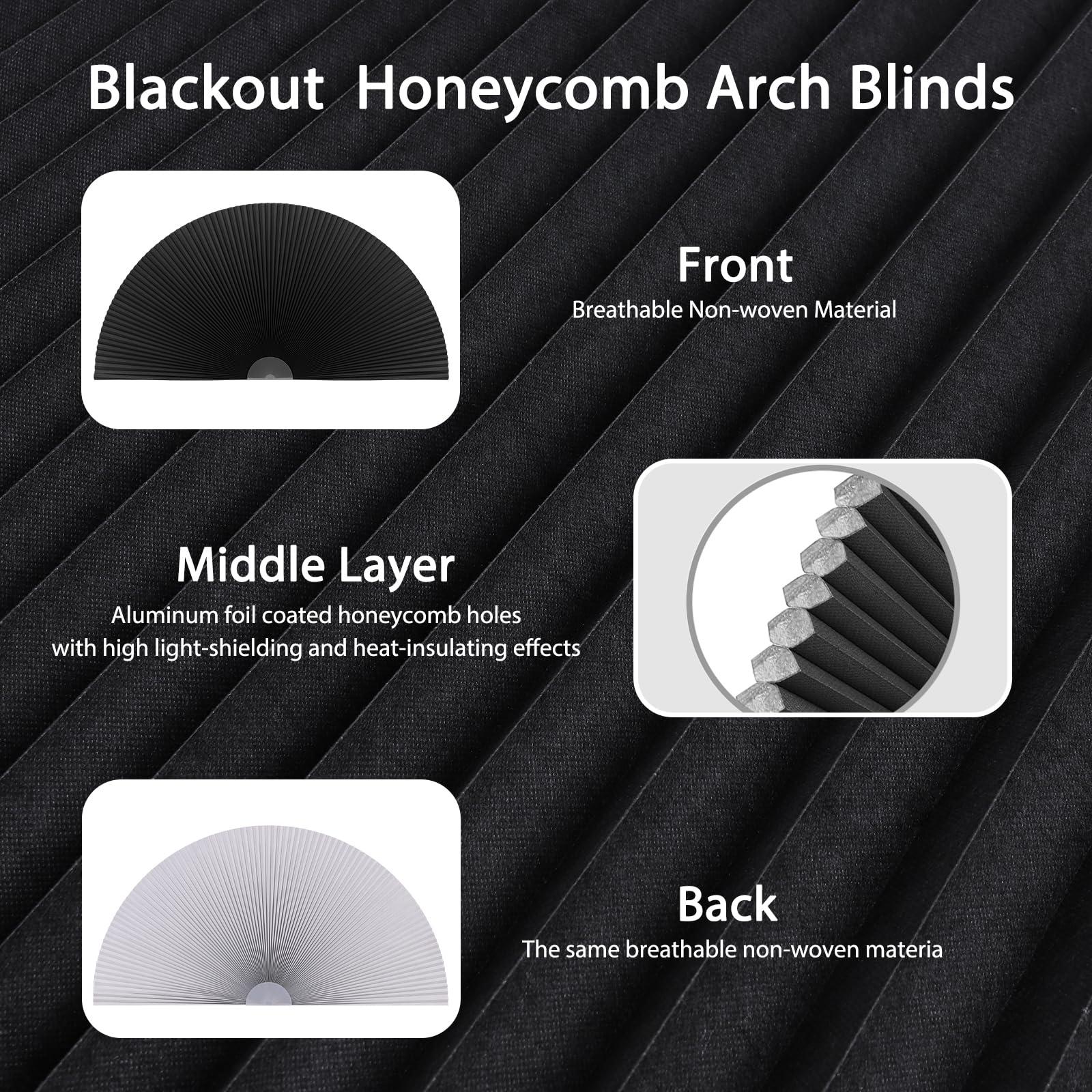 ChYoung Arch Window Shade Blackout, Stick on Cellular Shades Cordless No Drill Honeycomb Blinds, Thermal Insulated UV Protection Fabric Half Circle Window Coverings Room Darkening Shades (Black, 48"W x 24"H)