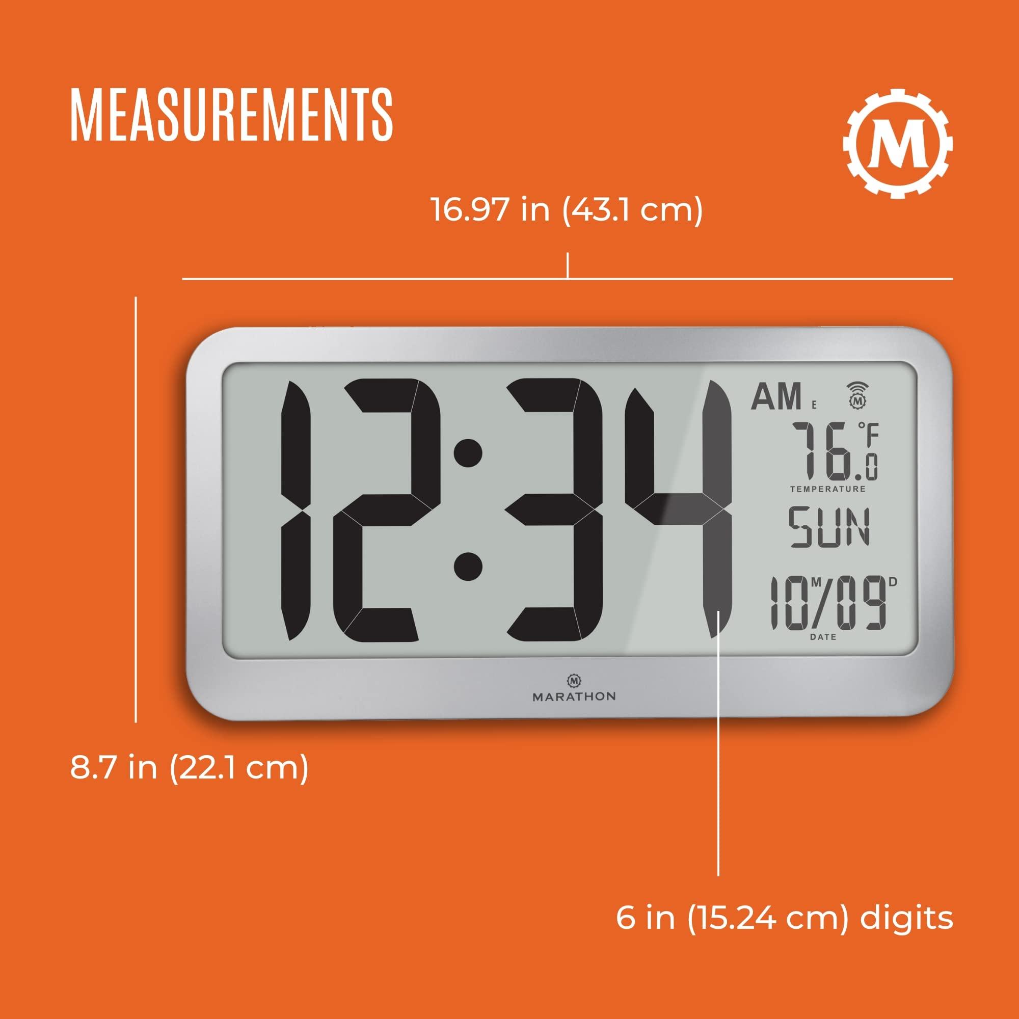 MARATHON Marathon Slim Jumbo Panoramic Atomic Wall Clock with Date and Indoor Temperature. Commercial Grade with Big 6-Inch Numbers, Alarm and Table Stand. Batteries Included (Graphite Grey)