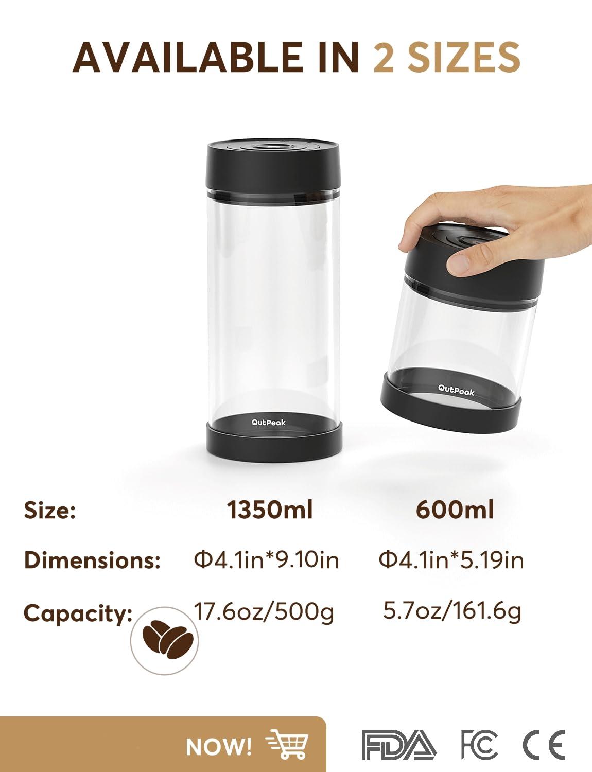 OUTPEAK OUTPEAK Neo 6-Month Fresh Coffee Bean Storage, Auto Vacuum Coffee Canister, 1.35L for 17.6oz Coffee Beans, One-Button Operation,Large Airtight Coffee Canister with Scoop,Coffee Storage Container Glass