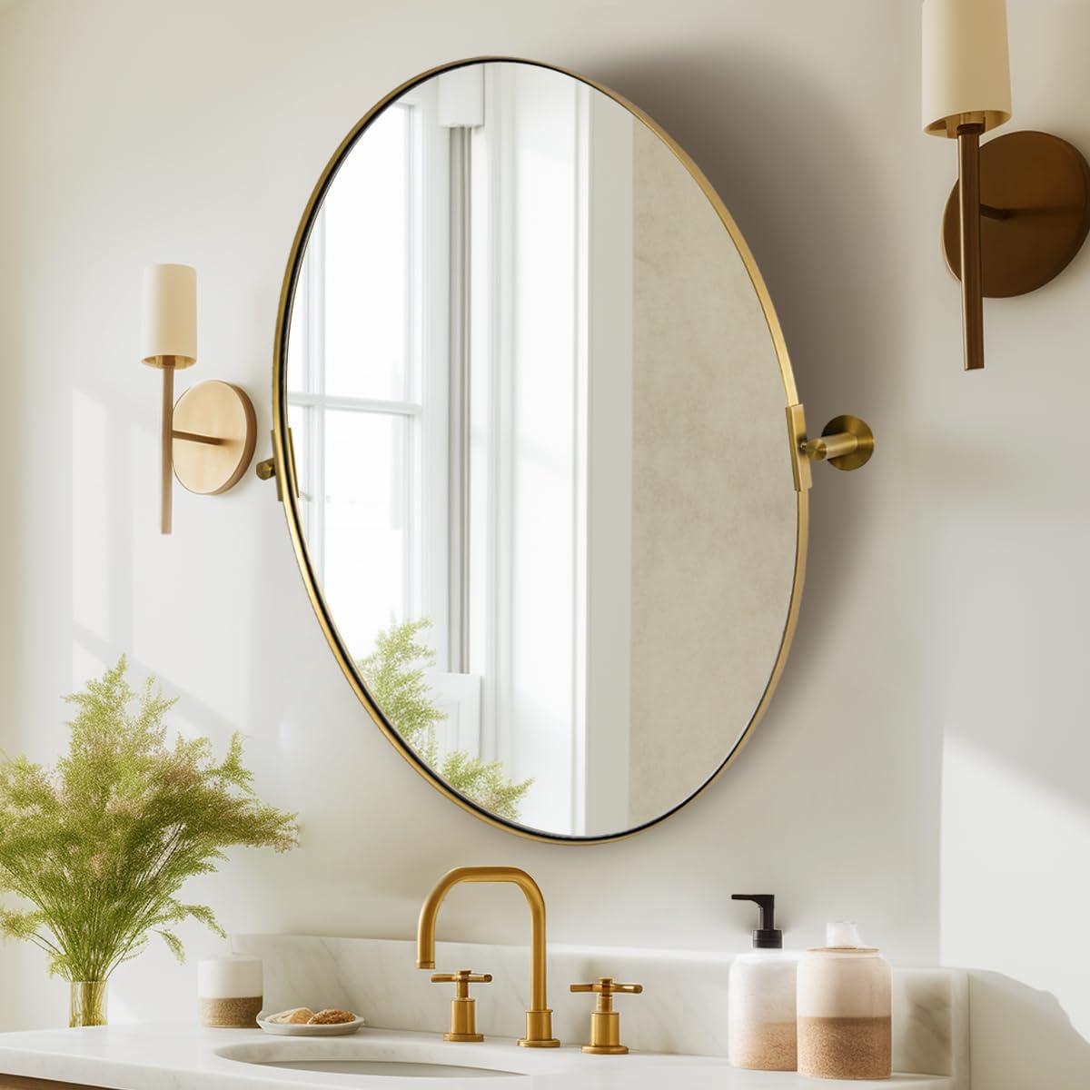 ANDY STAR ANDY STAR Gold Oval Mirror, Oval Pivot Bathroom Mirror, Brushed Gold Oval Pivot Mirror Bathroom Stainless Steel Metal Frame Tilting Vanity Wall Mirror Hangs Vertical