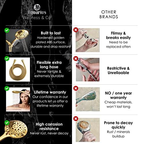 Wellness & Co Aquarius Gold Shower Head With Handheld Sprayer, 6 Spray Settings High Pressure Polished Brass Shower Head With Hose (Extra Long) & Adjustable Brass Ball Bracket Kit, Shower Head Gold Finish
