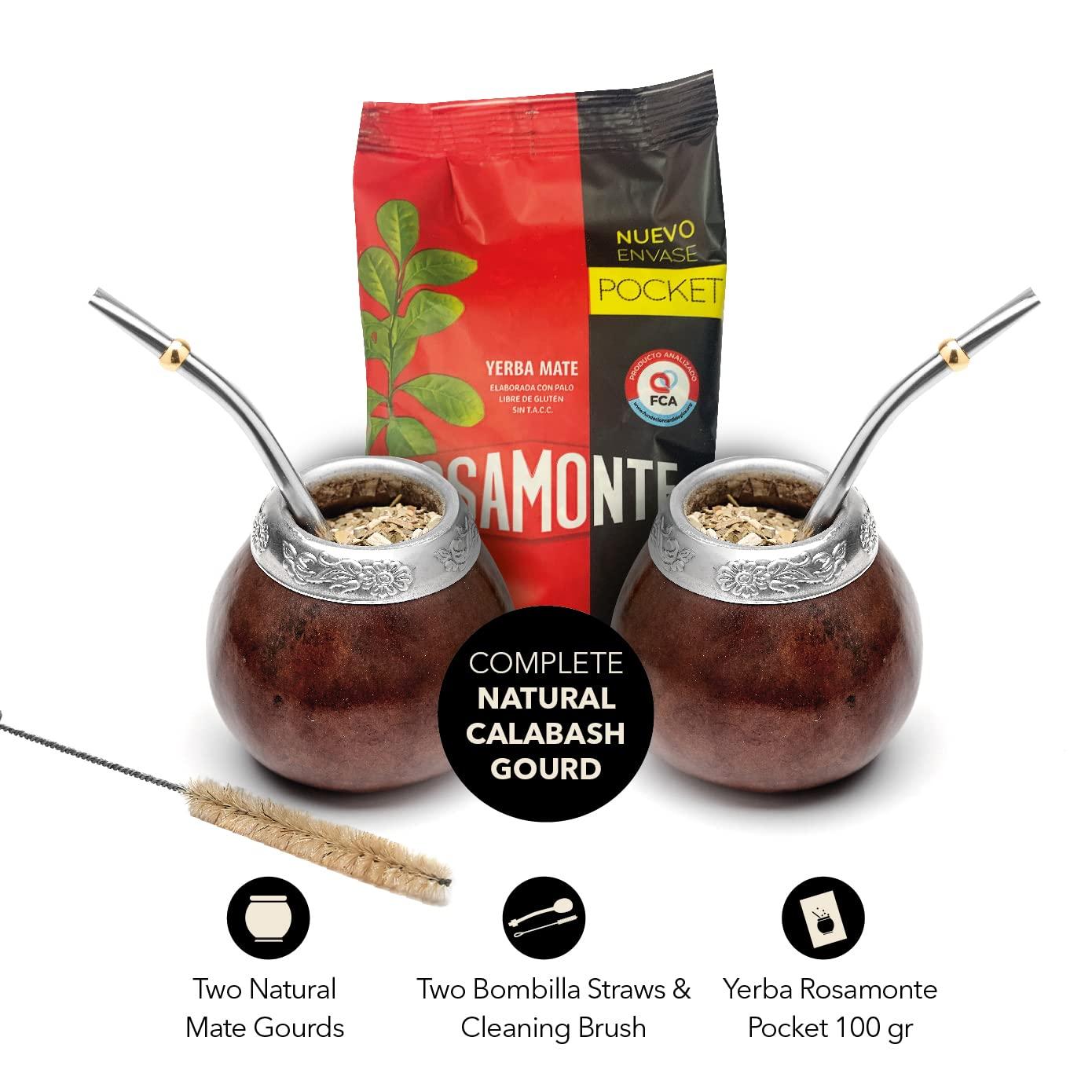 BALIBETOV BALIBETOV Set of Two Yerba Mate Gourd and One Pack of 100gr - 3.5OZ of Yerba Mate - Yerba Mate Cup Argentina - 2 Mate Tea Cup, 2 Bombilla, 1 Cleaning Brush, 1 Loose Leaf Yerba Mate bag (DARK BROWN)