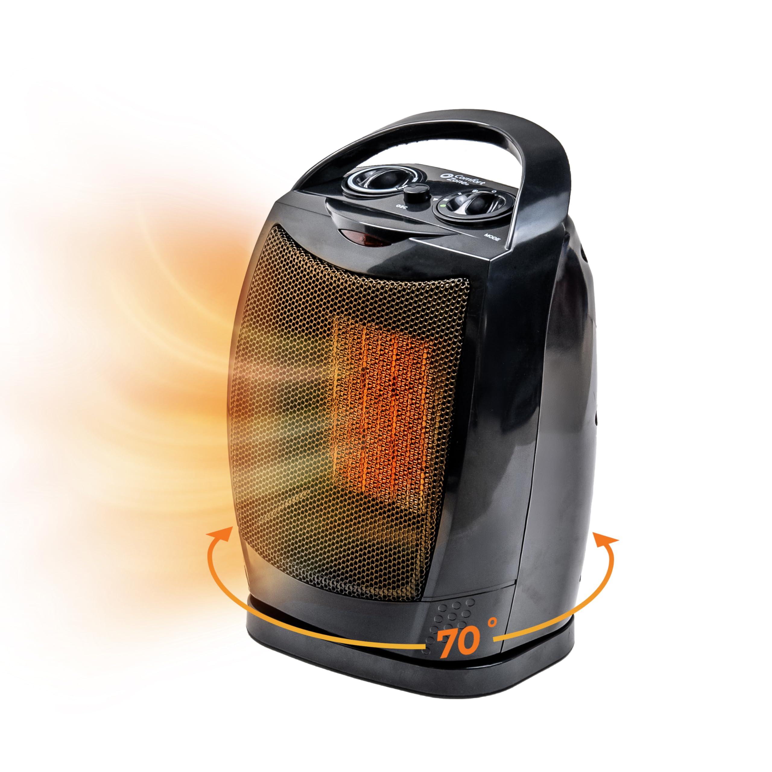 Comfort Zone Comfort Zone Space Heaters for Indoor Use, Portable Bedroom Heater, 70 Degree Oscillation, Thermostat, Small Room Heater, Fast Heating, Quiet Fan Forced Ceramic Heater, 1500W. 200 Sq. Ft., Black
