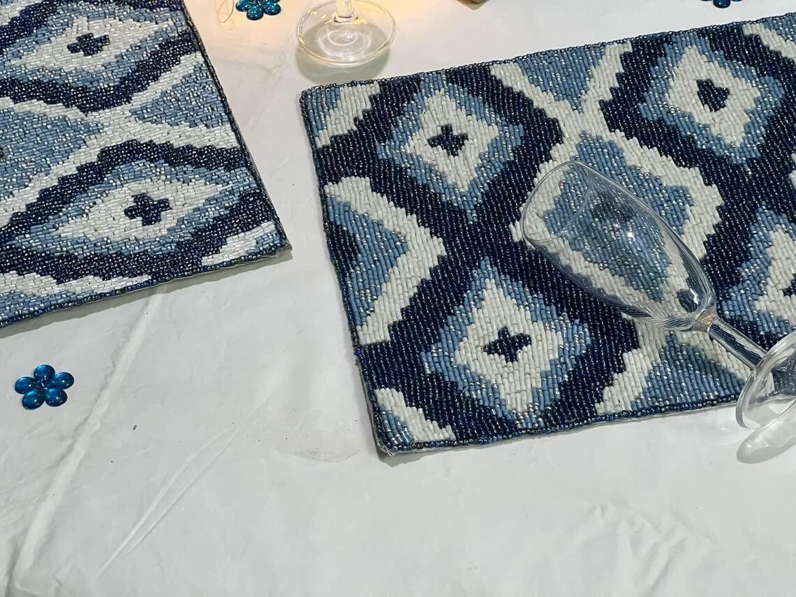 HM CREATION HM CREATIONS Set of 6 Placemats, Handmade Beaded Placemats, Geometrical Tablemats, Designer Charger Plates 12X15Inches (6)