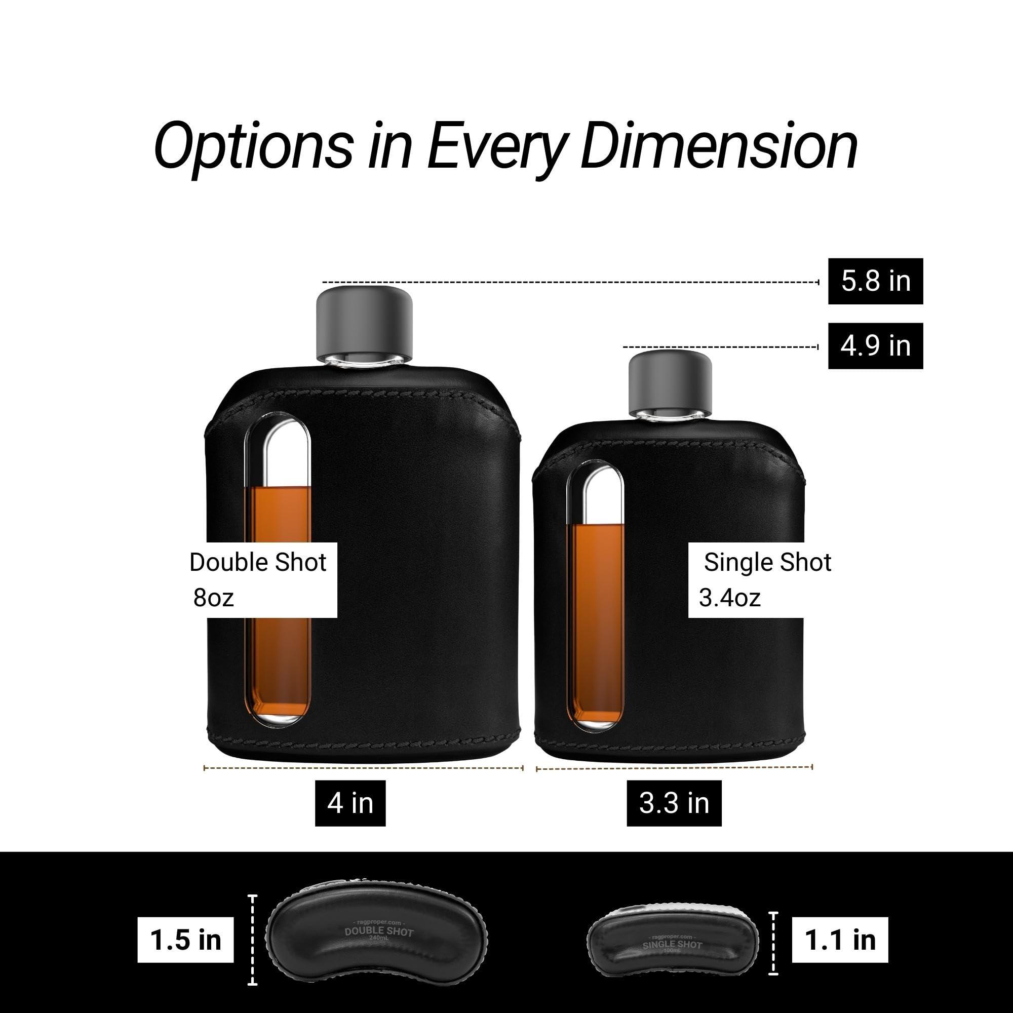 Ragproper Ragproper Modern Glass Hip Flask - Durable Leather Covered Flask for Whiskey, Spirits, & Other Liquor - Ideal Glass Flask for Men & Women (Single Shot 100ml + Double Shot 240ml, Leather Black)