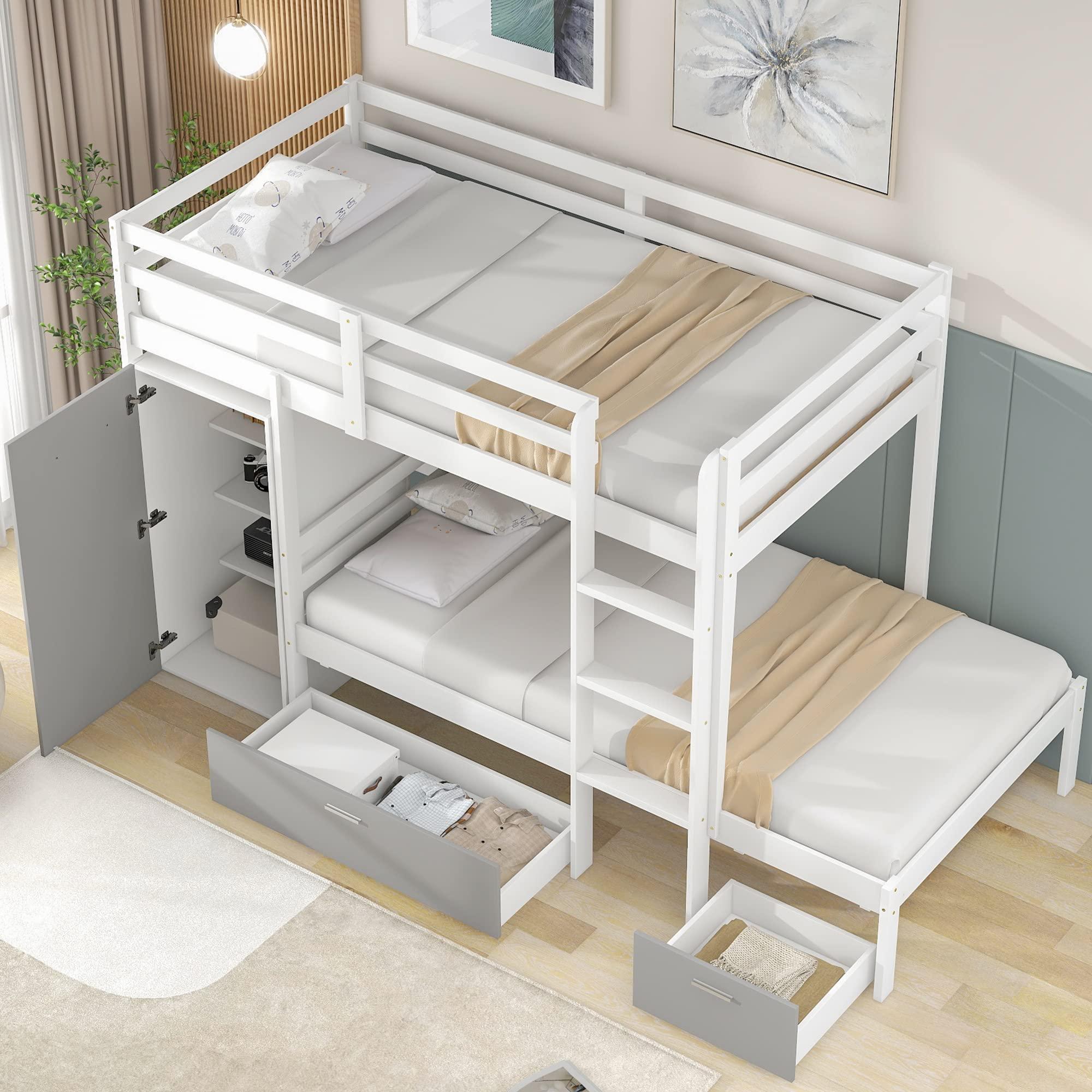 XIONGGG Twin Over Twin Bunk Bed with Built-in Storage Wardrobe and Two Drawers, Convertible Design, Solid Wood Bunk Bed for Kids, Teens