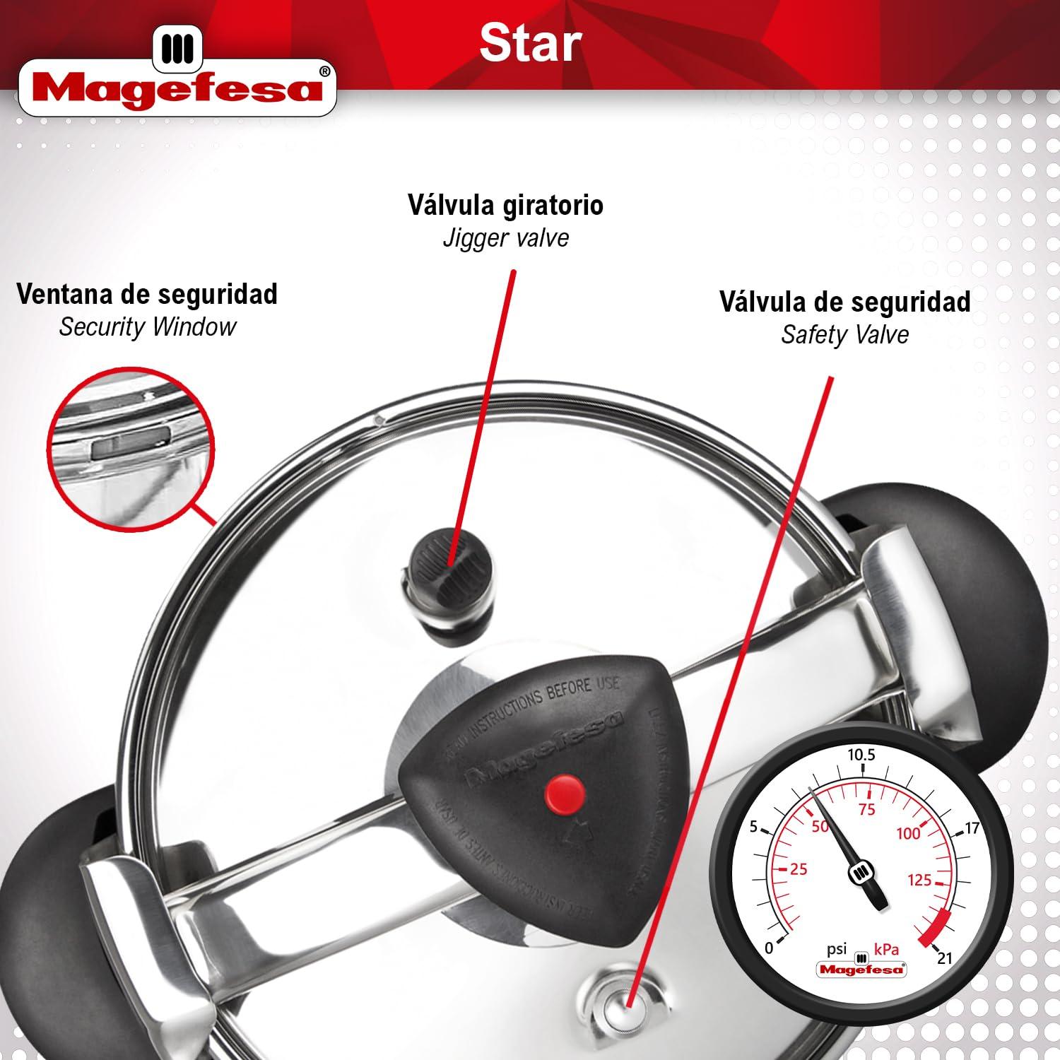 MAGEFESA MAGEFESA Star Pressure Cooker, 6.3-Quart, 18/10 Stainless Steel, Works on All Stovetops (Induction Compatible), Safety Lock & 8 PSI Cooking