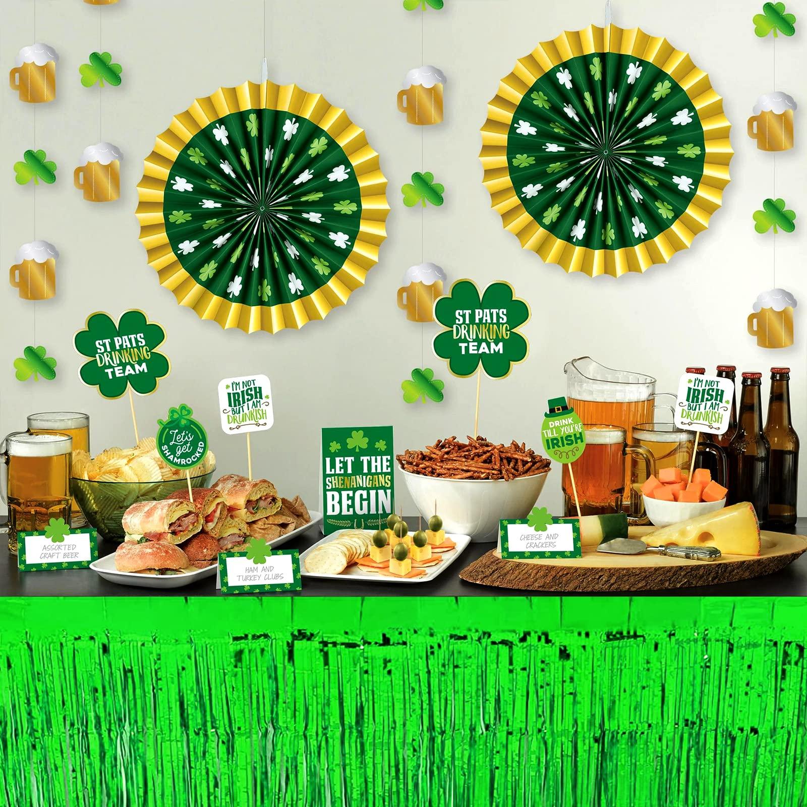 Clayghsen 4 Pack 29x108 Inch Metallic Foil Fringe Tinsel Table Skirts for Rectangle Tables Streamer Curtains Backdrop for Wedding, Birthday, Parade Floats, Christmas, Halloween Party Decoration(Green)