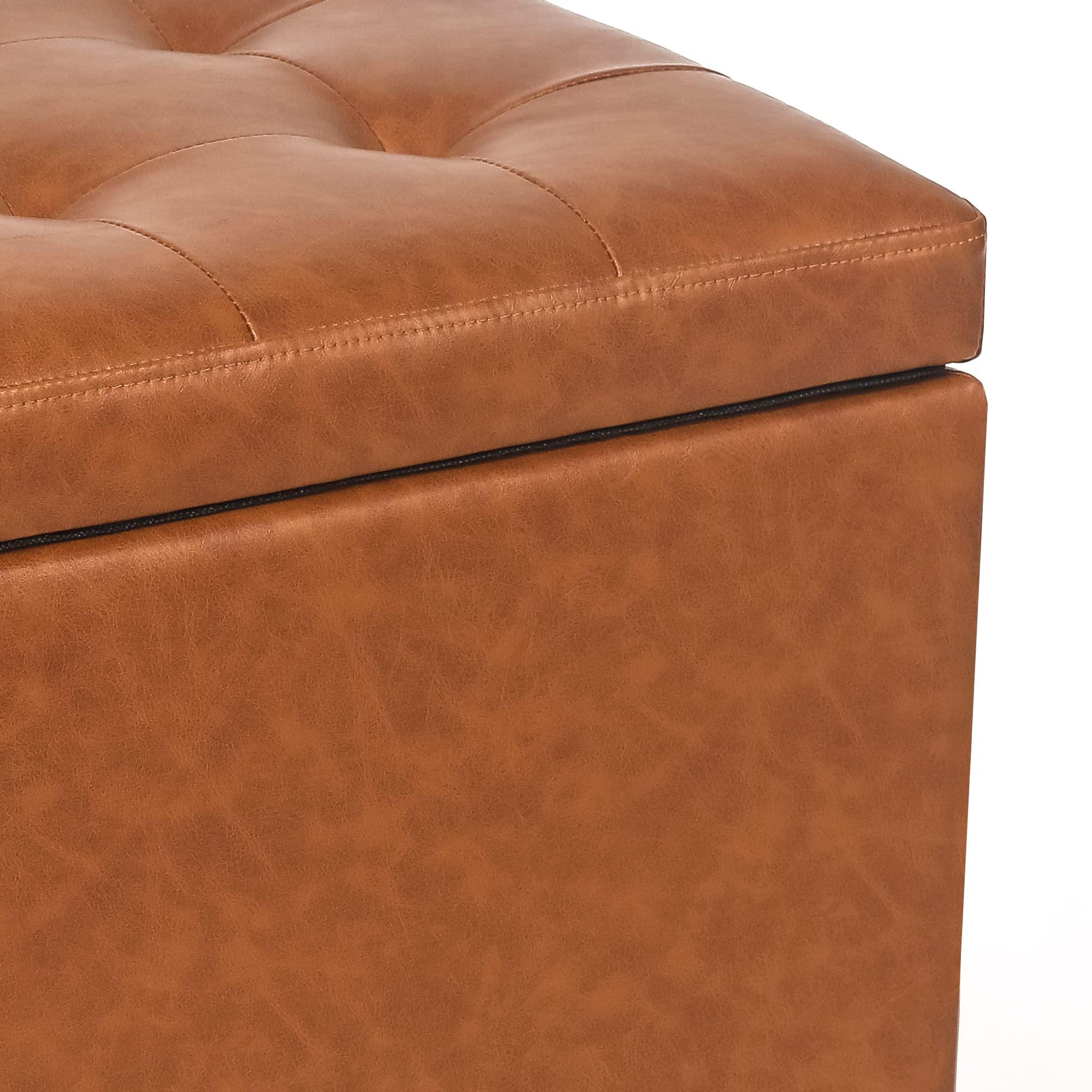 Adeco Adeco 17.7" Leather Cube Storage Orange Ottomans for Living Room