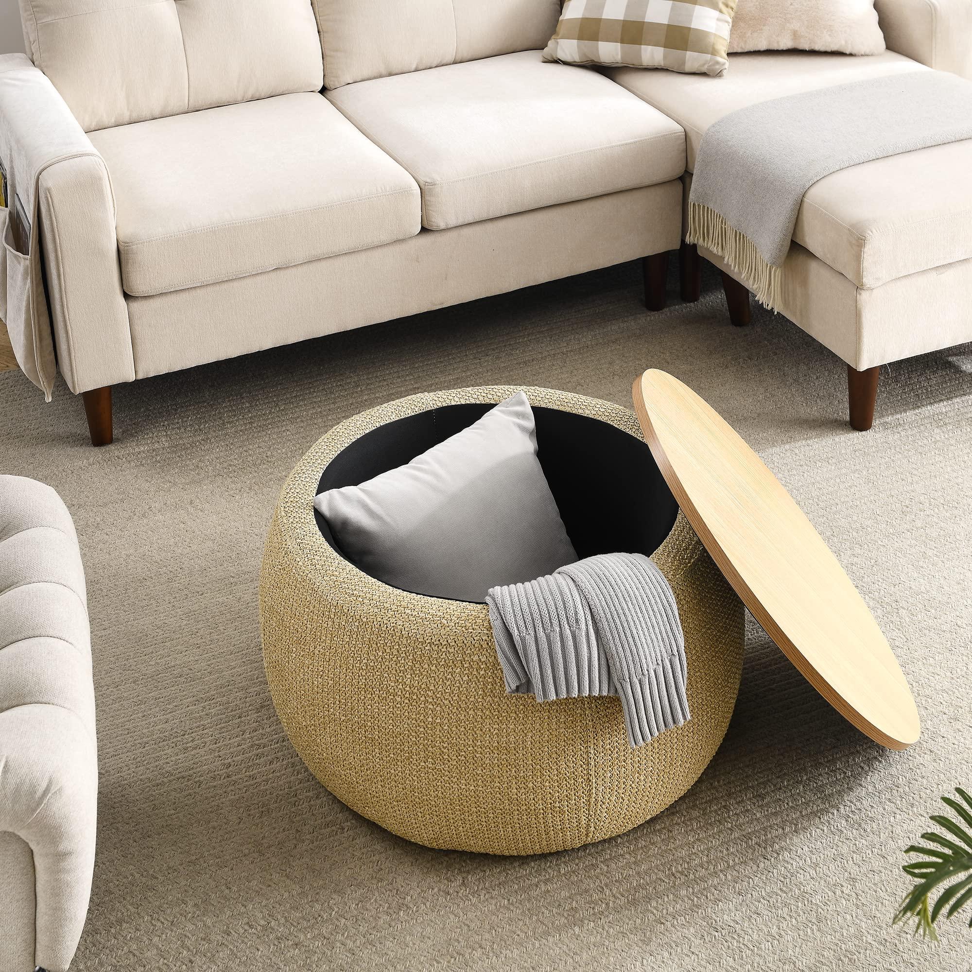 Kakotito Kakotito Modern Round Storage Ottoman with Wooden Lid,Circle Ottoman Handmade Ottoman Coffee Table,End Table & Footstool for Living Room (Natural)
