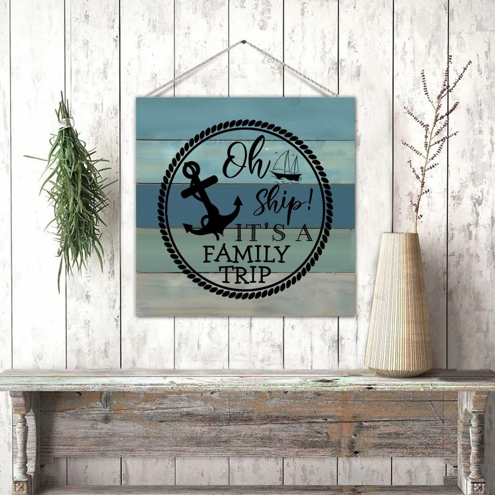 Generic Decorative Wooden Sign Oh Ship It\'s A Family Trip Aesthetic Wood Craft Sign with Sayings Wooden Family Sign Home Wall Decorations for Lake House Dining Room 16 Inch