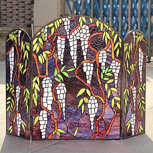 CHLOE CHLOE Lighting CORINTH Tiffany-Style Stained Glass Grape Design Fireplace Screen 42\" Wide