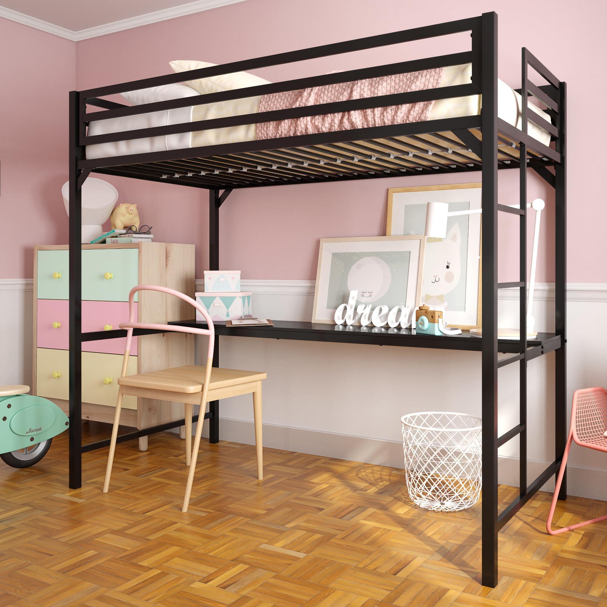 DHP DHP Miles Metal Twin Loft Bed with Desk, Black