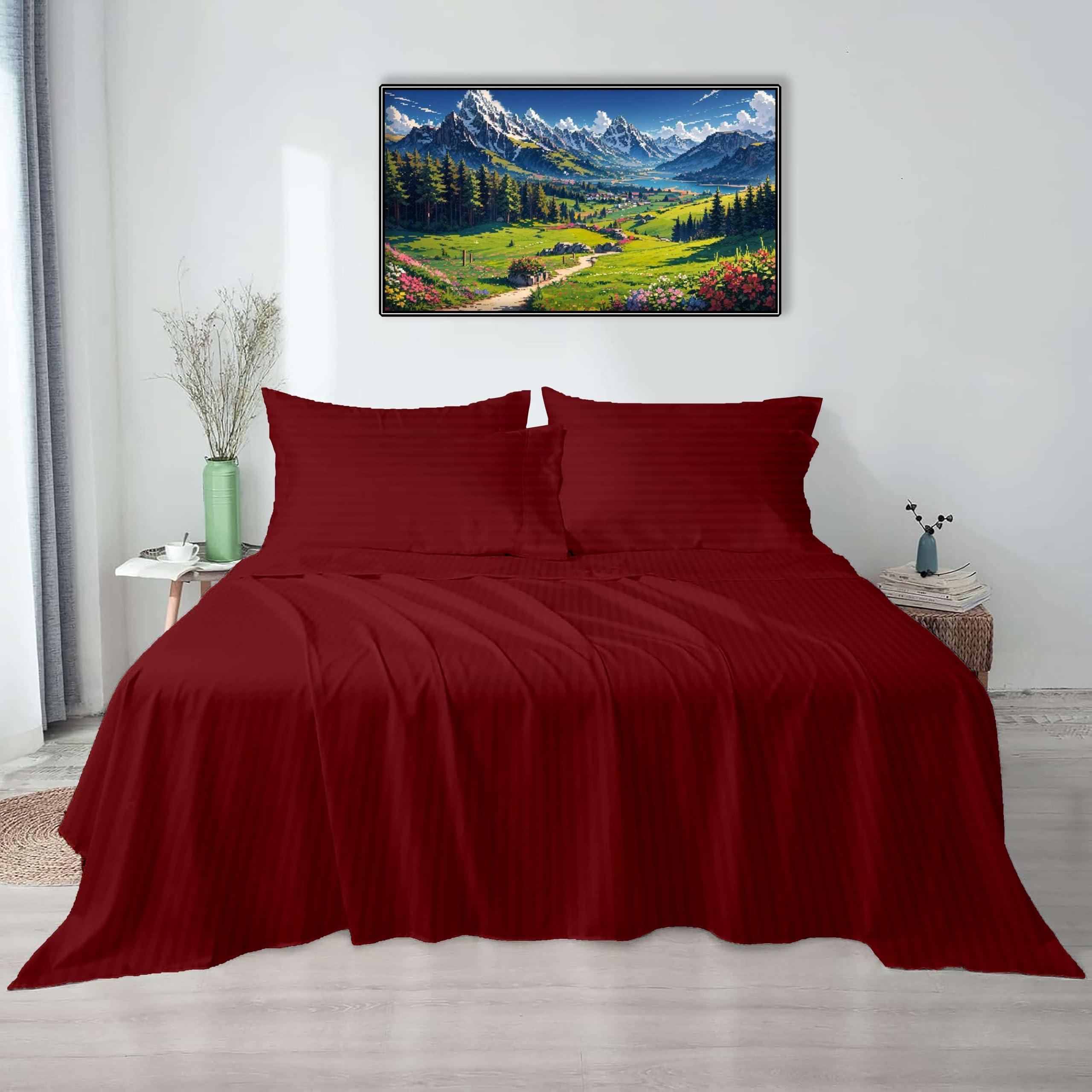 NON Sticky cotton Queen Size Sheet Set - 6 Piece Set - 400-Thread-Count 100% Egyptian Cotton Bed Sheets - Deep Pockets - Easy Fit - Bed Sheets Queen Size Set - Burgundy Stripe Bed Sheets - Queens Sheets - 6 PC