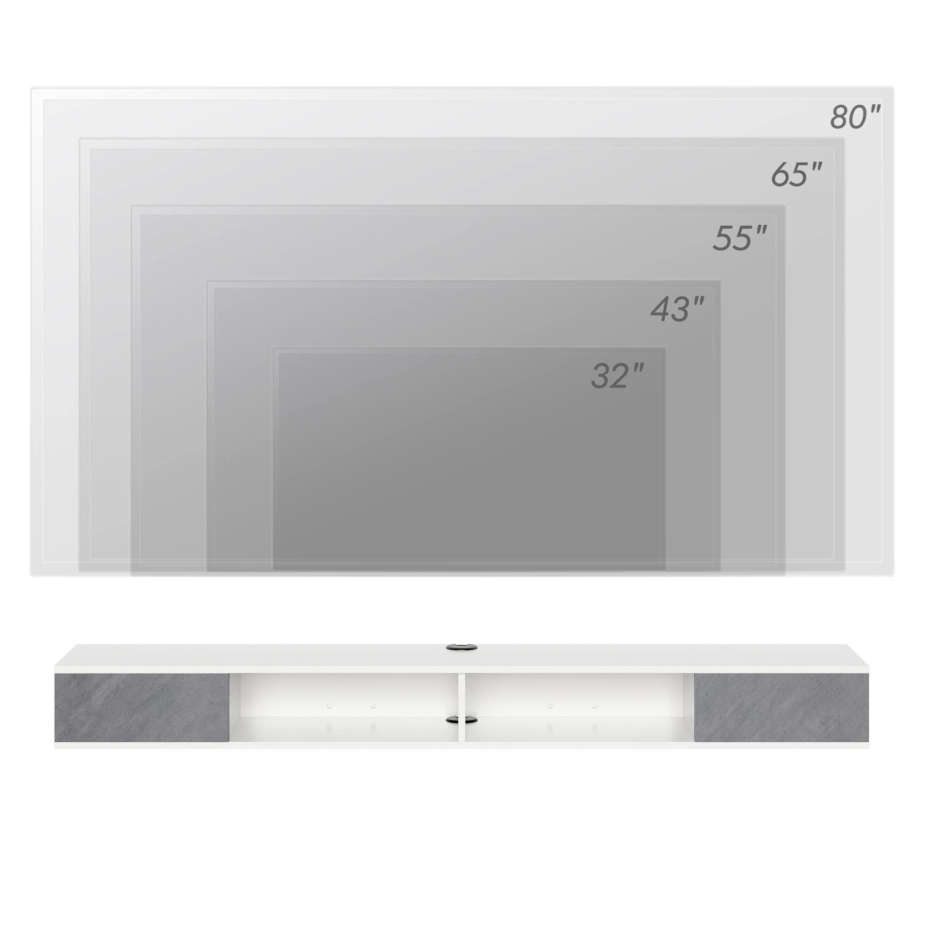 WAMPAT WAMPAT Floating 70 inch TV Stand with Yellow/Blue LED Lights, Entertainment Center Media Console, Wall Mounted Shelf Media Console Cabinet with Storage for 65/70/75 Inch TVs, White&Grey