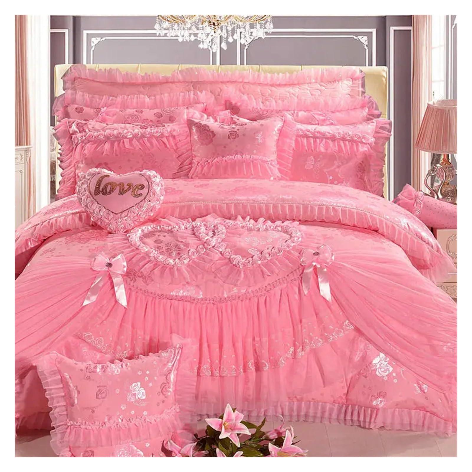 ADovz ADovz Red Pink Lace Princess Bedding Set 4/6/8pcs Luxury Girls Wedding Bed Set Quilt Cover Bed Sheets Queen King Size,Bed Sheets