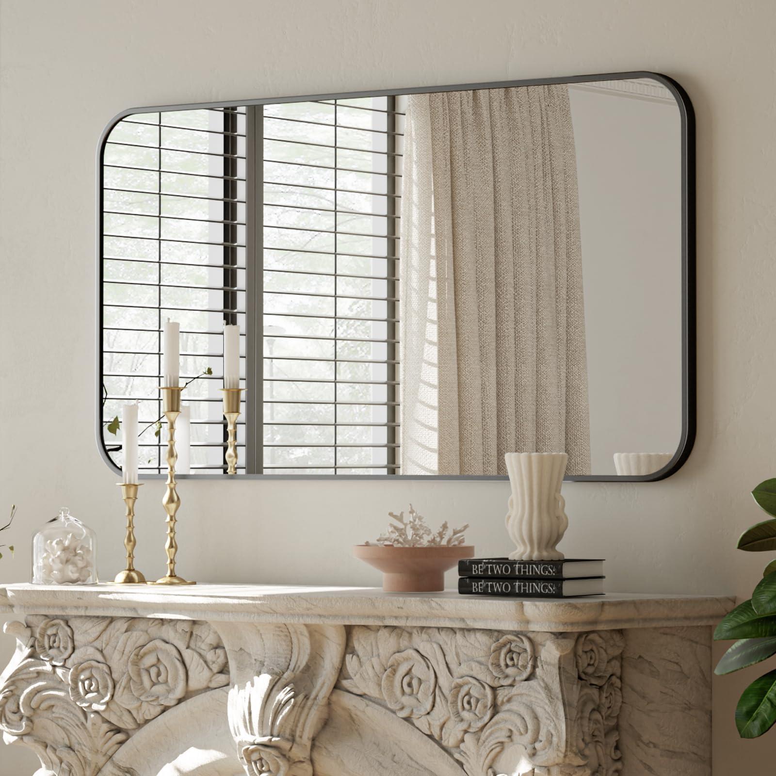 BEAUTYPEAK BEAUTYPEAK 26" x 38" Rectangular Aluminum Alloy Frame Wall Mounted Bathroom Mirror with Rounded Corners, Black