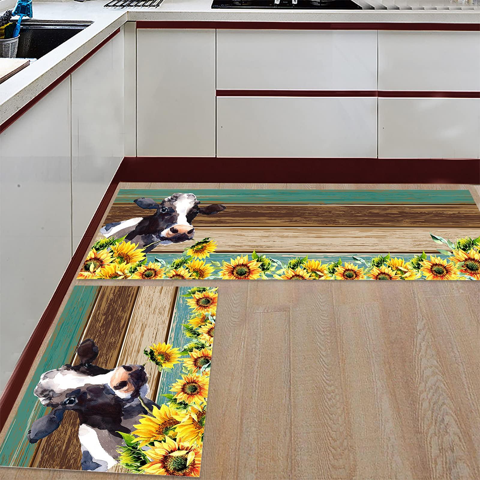 LooPoP Kitchen Rugs and Mats Non Skid Washable Sets Sunflower Cow Yellow Anti Fatigue 2 Piece Set Non Skid Waterproof Standing Rugs Teal Brown Wooden Plank
