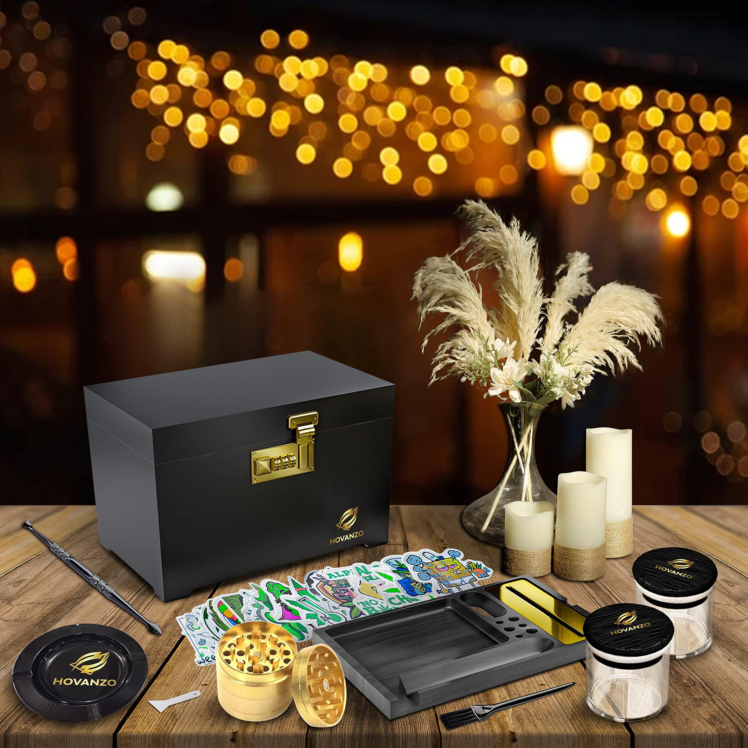 HOVANZO HOVANZO Premium Large Bamboo Box - Decorative Box Wooden Locking Storage Box with Rolling Tray - Decorative Wood Box for Herbs and Accessories - Decorative Box Set with Combination Lock