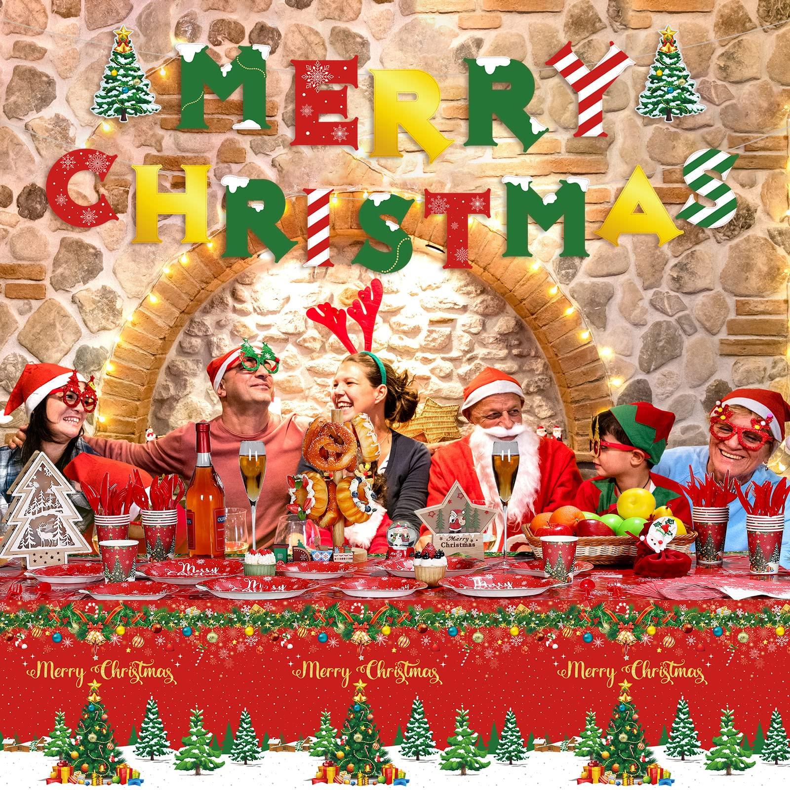 Tiamon Christmas Party Supplies Tableware Set Xmas Party Decoration Christmas Tree Paper Plates Napkins Snowflakes Tablecloths Merry Christmas Banner Holiday Disposable Dinnerware Serves 24 Guests