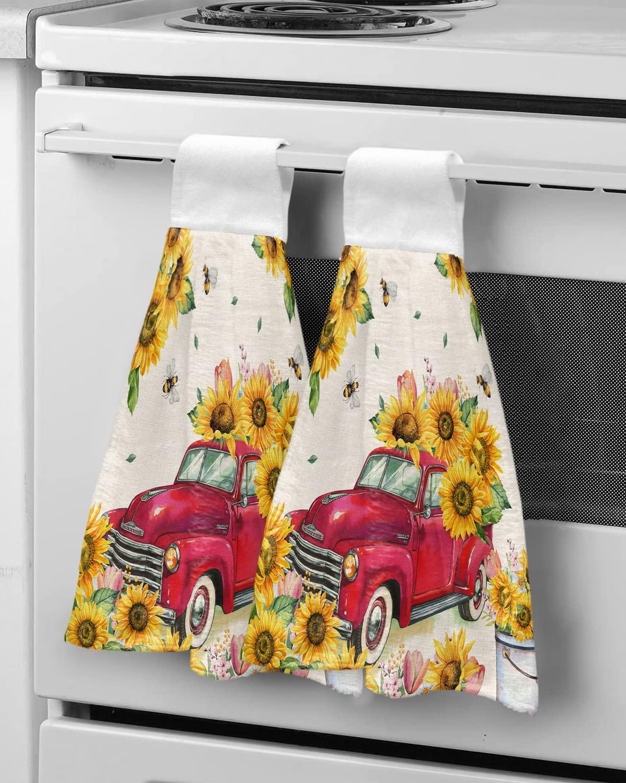 Jolunifun Spring Red Truck Bee Floral Kitchen Hand Towels with Hanging Loops,Super Soft Fingertip Dry Microfiber Tie Dish Towel Absorbent Cleaning Washcloth for Bathroom,Kitchen Summer Sunflower Sunshine Flower